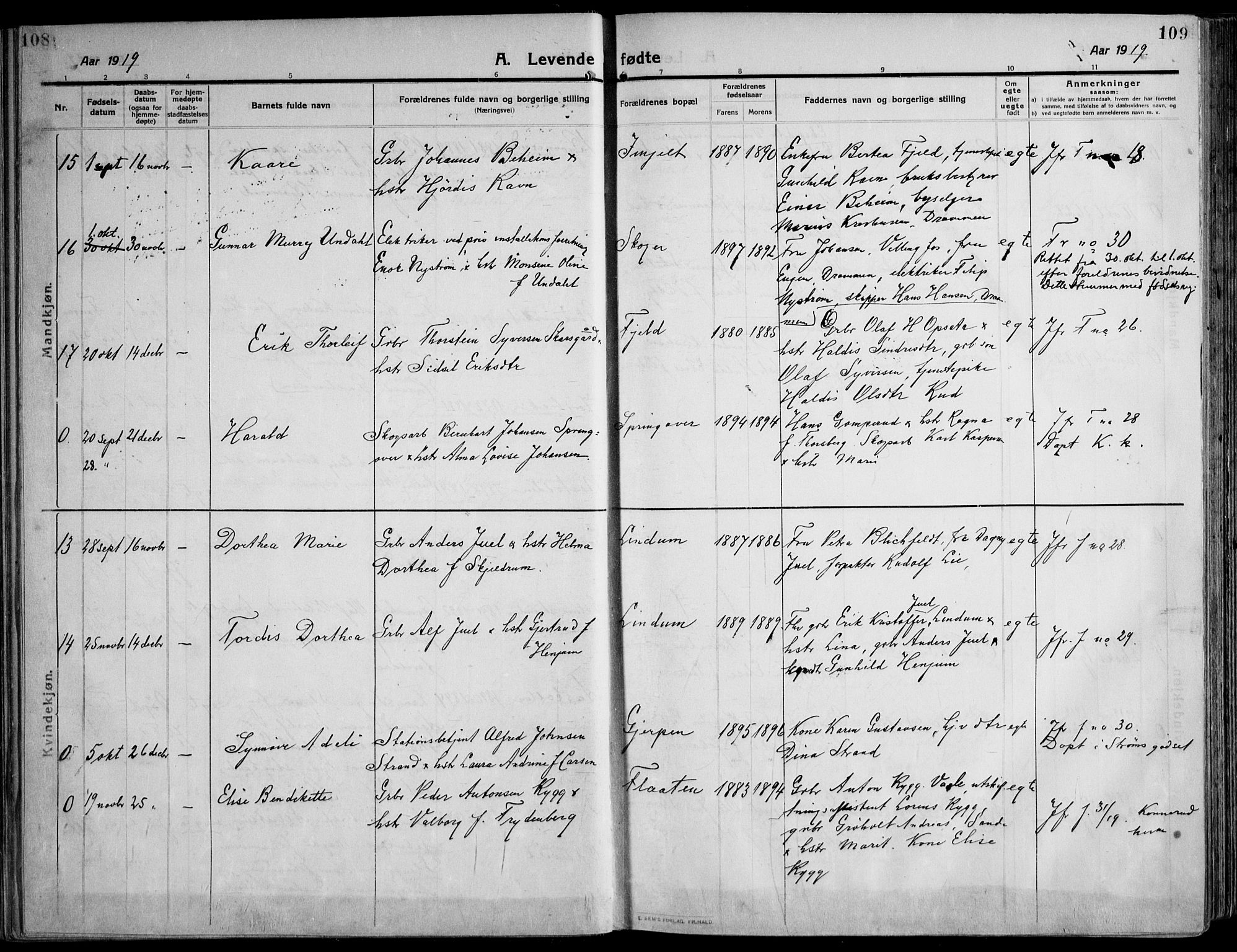 Skoger kirkebøker, SAKO/A-59/F/Fa/L0007: Parish register (official) no. I 7, 1911-1936, p. 108-109