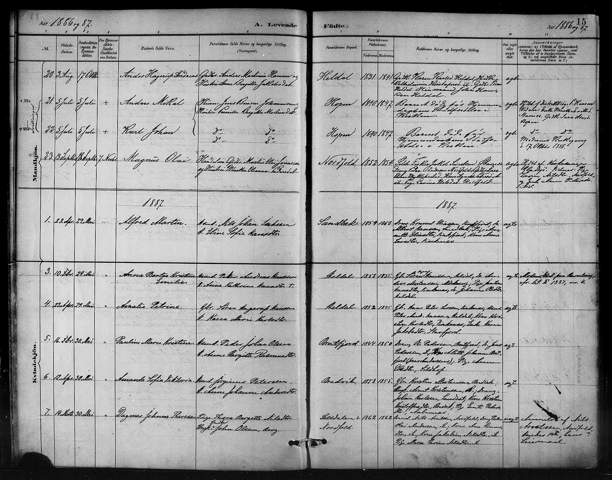 Ministerialprotokoller, klokkerbøker og fødselsregistre - Nordland, AV/SAT-A-1459/858/L0831: Parish register (official) no. 858A01, 1884-1902, p. 15