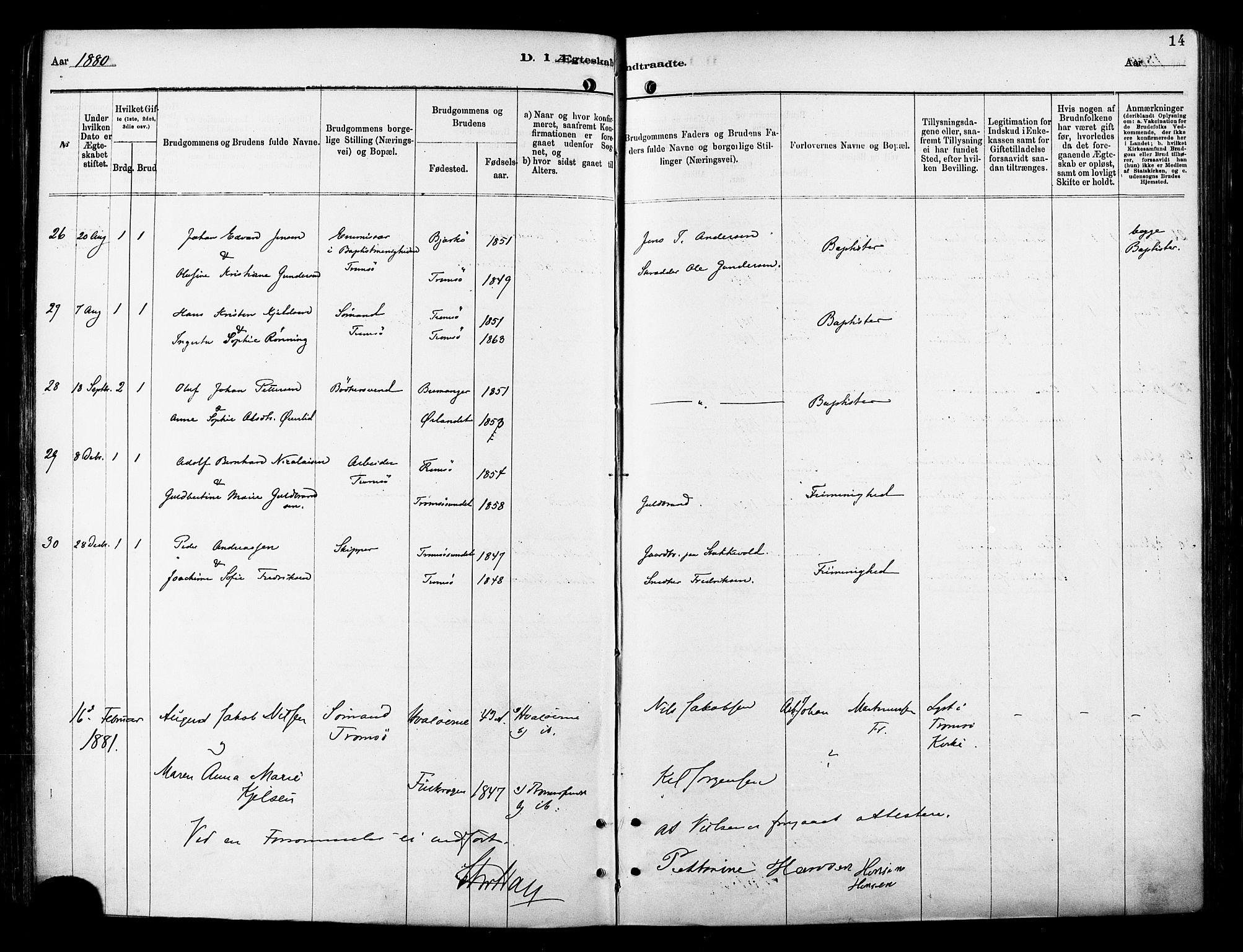 Tromsø sokneprestkontor/stiftsprosti/domprosti, AV/SATØ-S-1343/G/Ga/L0014kirke: Parish register (official) no. 14, 1878-1888, p. 14