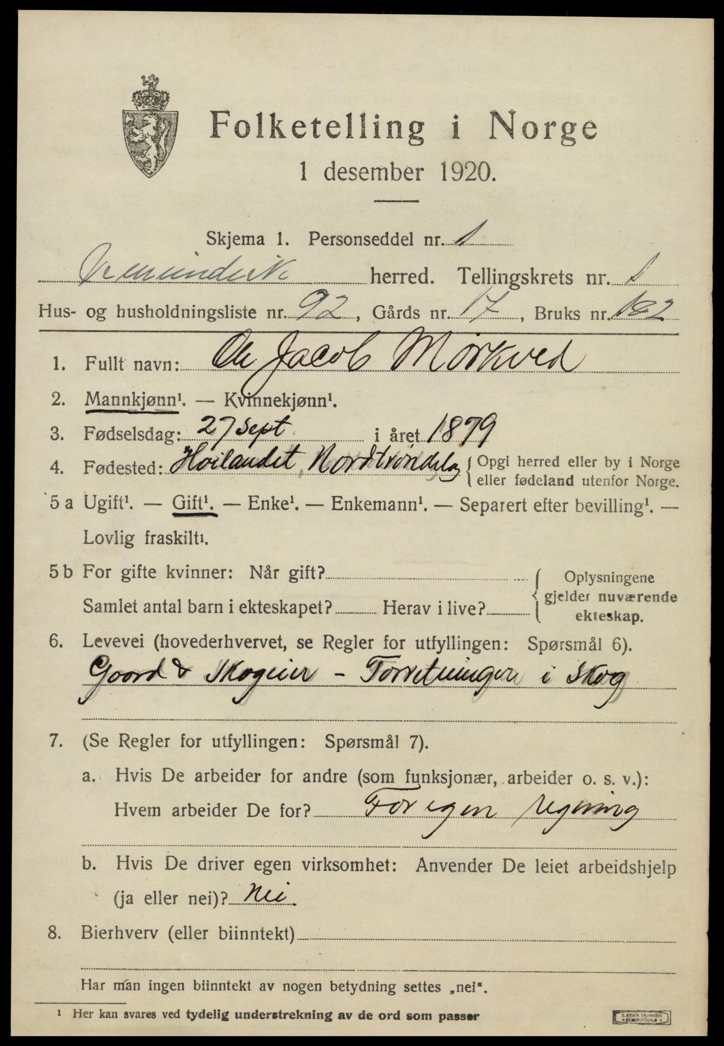 SAT, 1920 census for Vemundvik, 1920, p. 2379