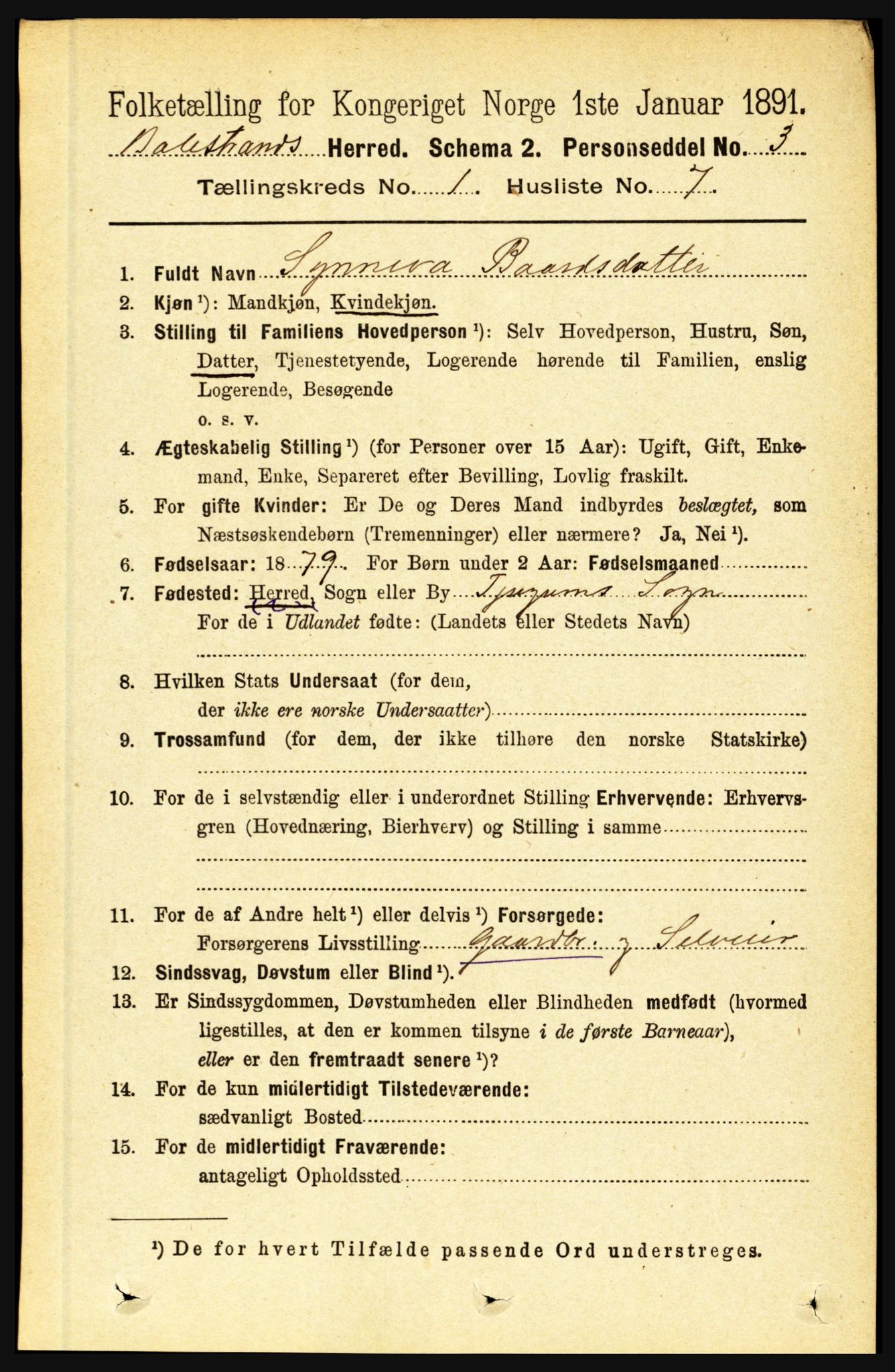 RA, 1891 census for 1418 Balestrand, 1891, p. 101