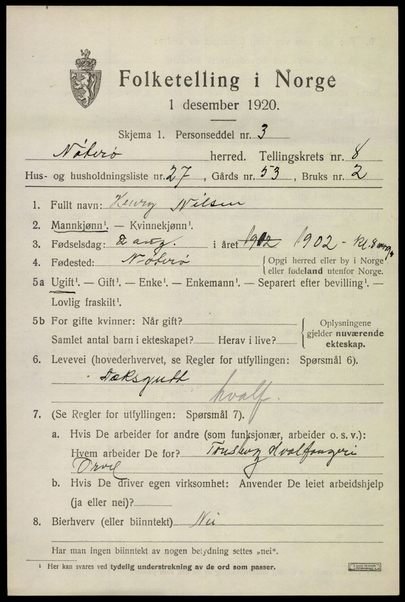 SAKO, 1920 census for Nøtterøy, 1920, p. 10687