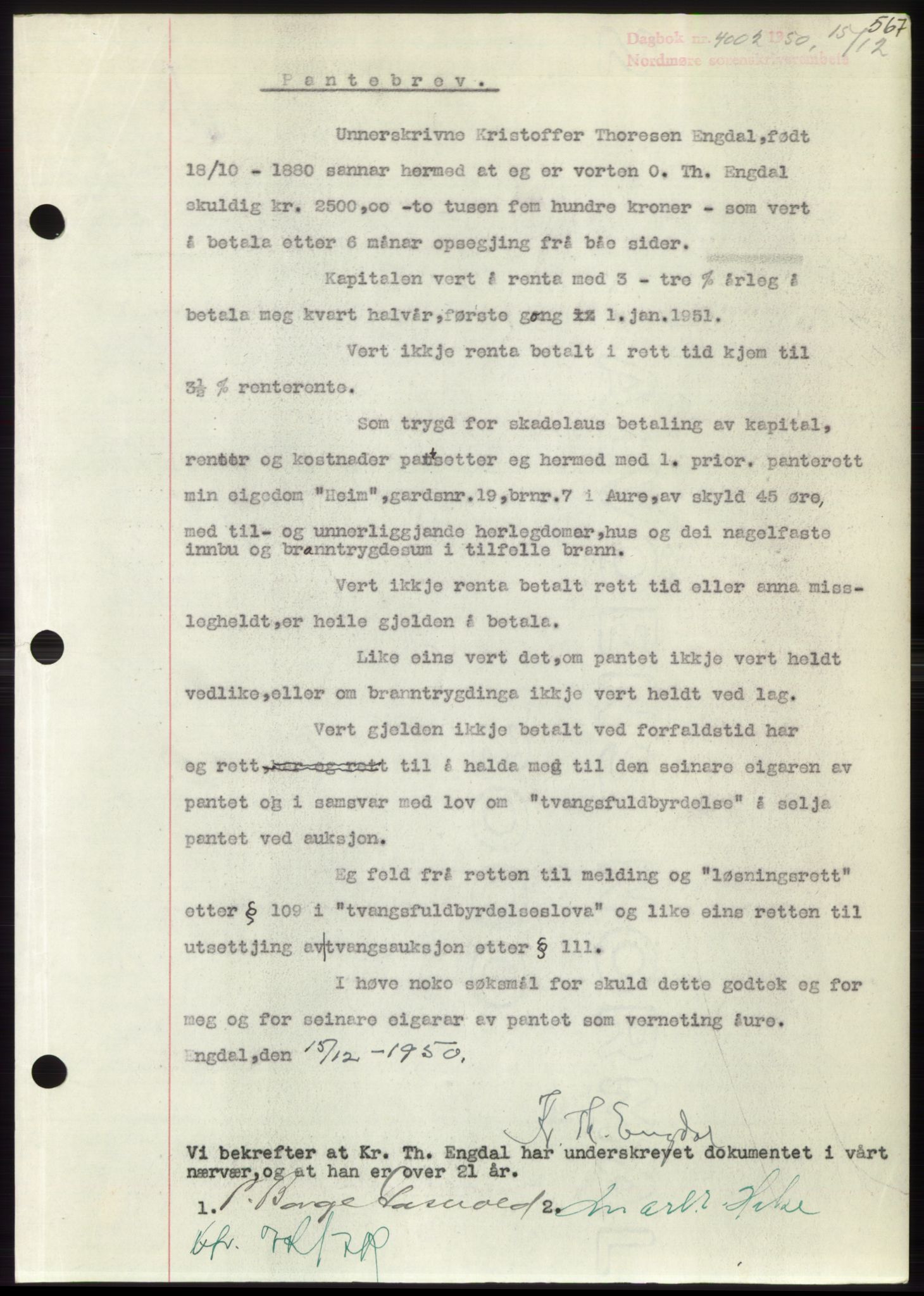 Nordmøre sorenskriveri, AV/SAT-A-4132/1/2/2Ca: Mortgage book no. B106, 1950-1950, Diary no: : 4002/1950