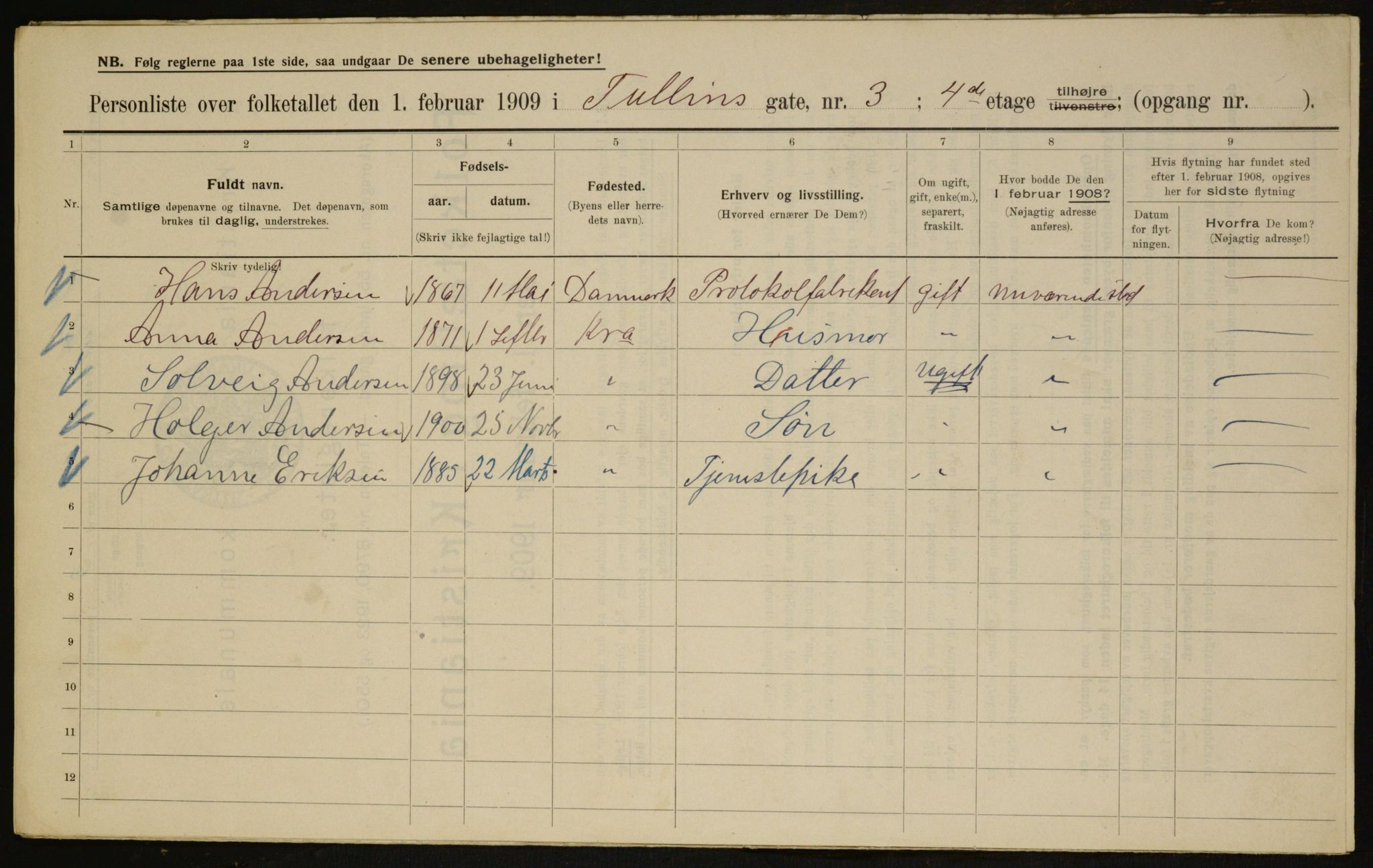 OBA, Municipal Census 1909 for Kristiania, 1909, p. 106401