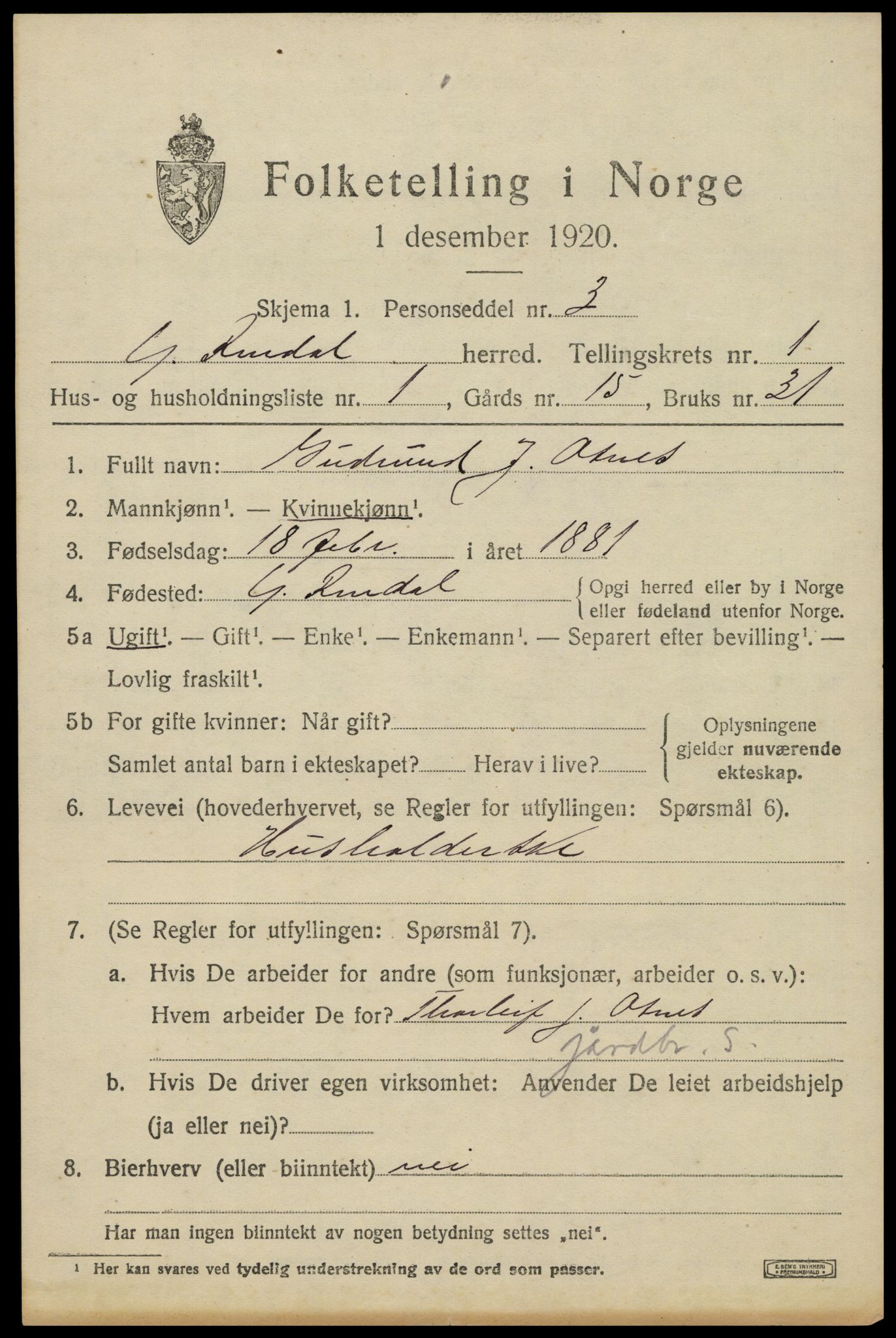 SAH, 1920 census for Ytre Rendal, 1920, p. 631