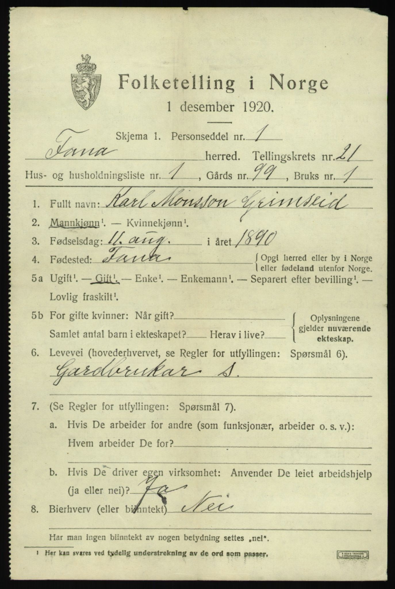 SAB, 1920 census for Fana, 1920, p. 24715