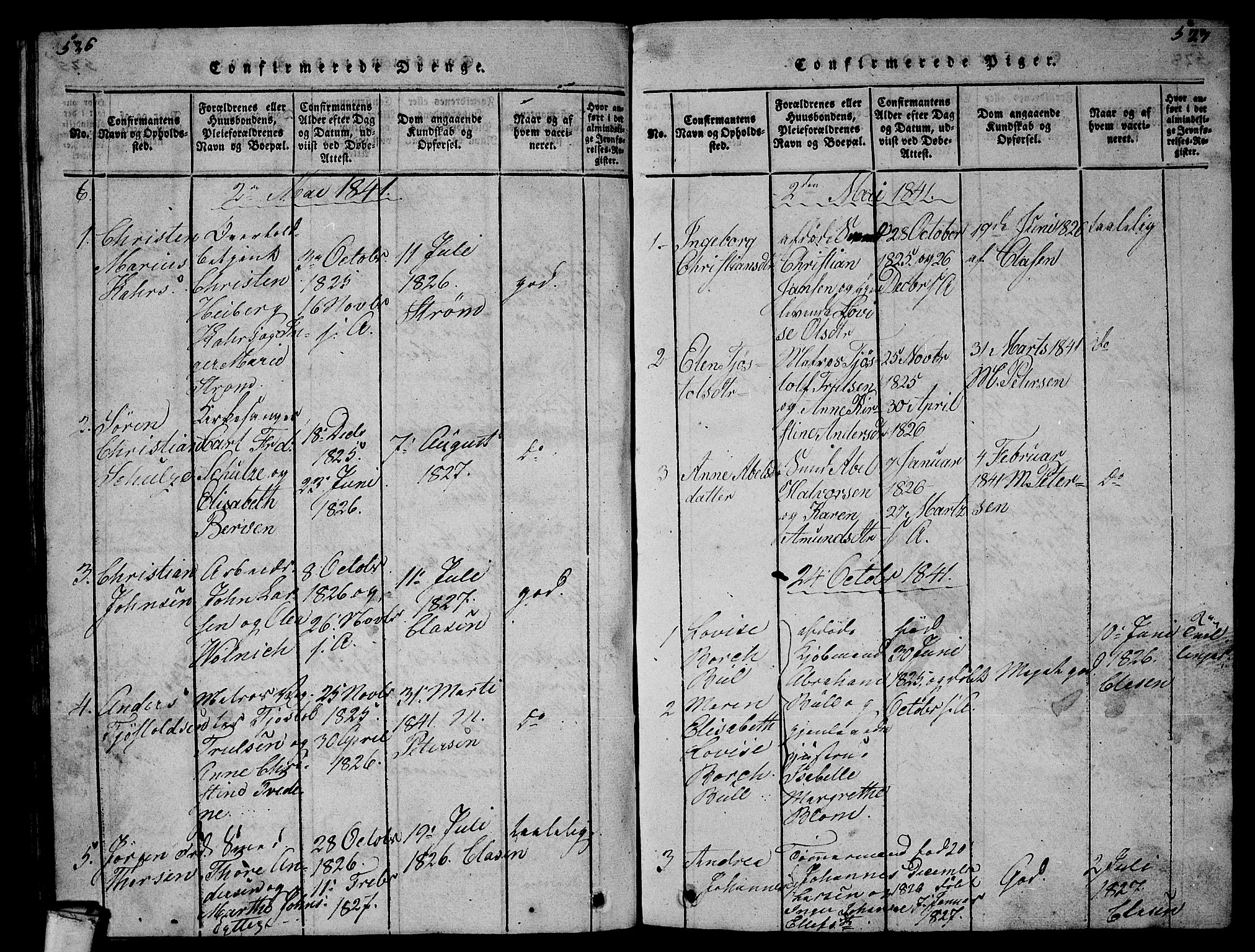 Larvik kirkebøker, SAKO/A-352/G/Gb/L0001: Parish register (copy) no. II 1, 1818-1843, p. 526-527