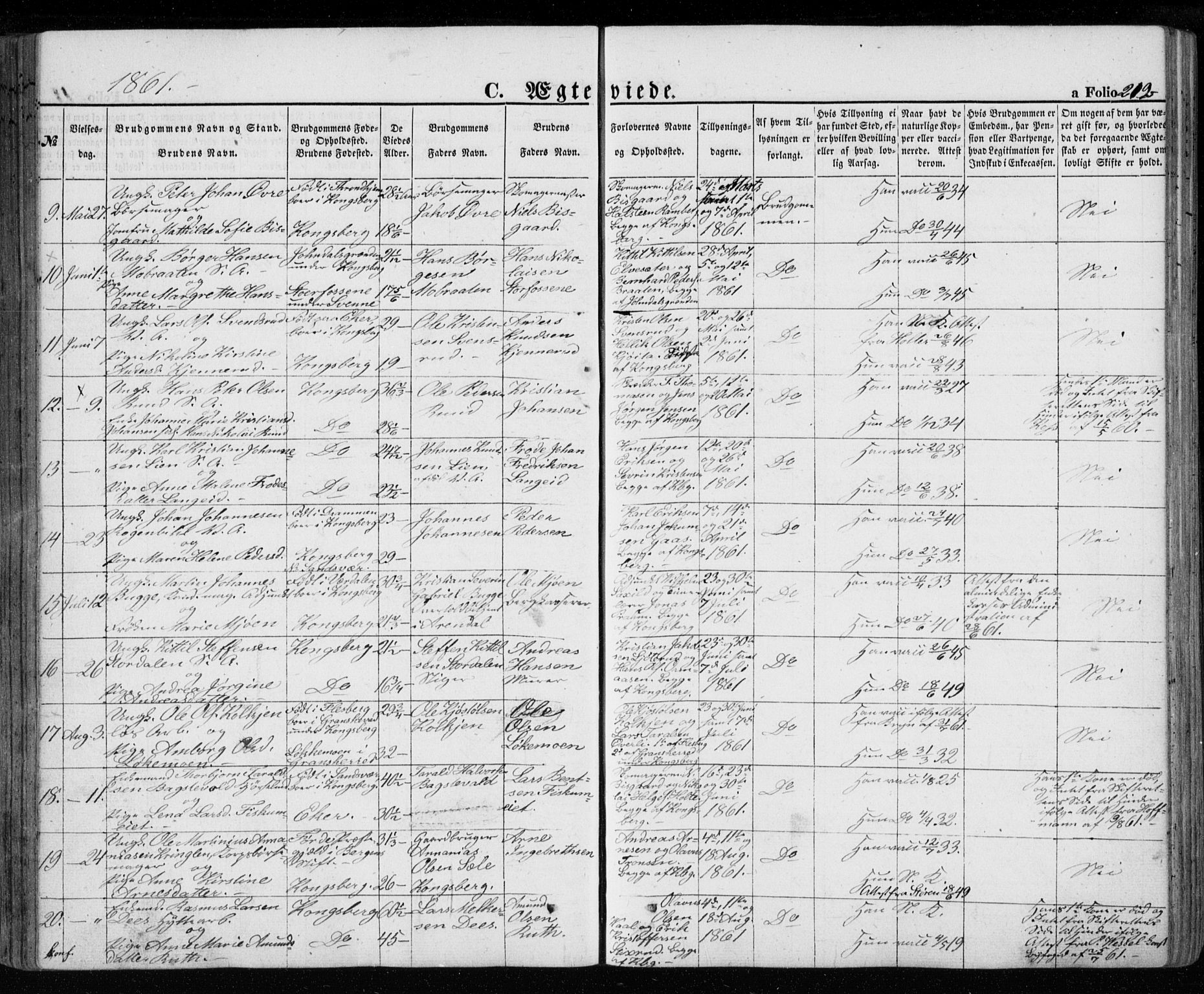 Kongsberg kirkebøker, AV/SAKO-A-22/G/Ga/L0003: Parish register (copy) no. 3, 1859-1875, p. 212