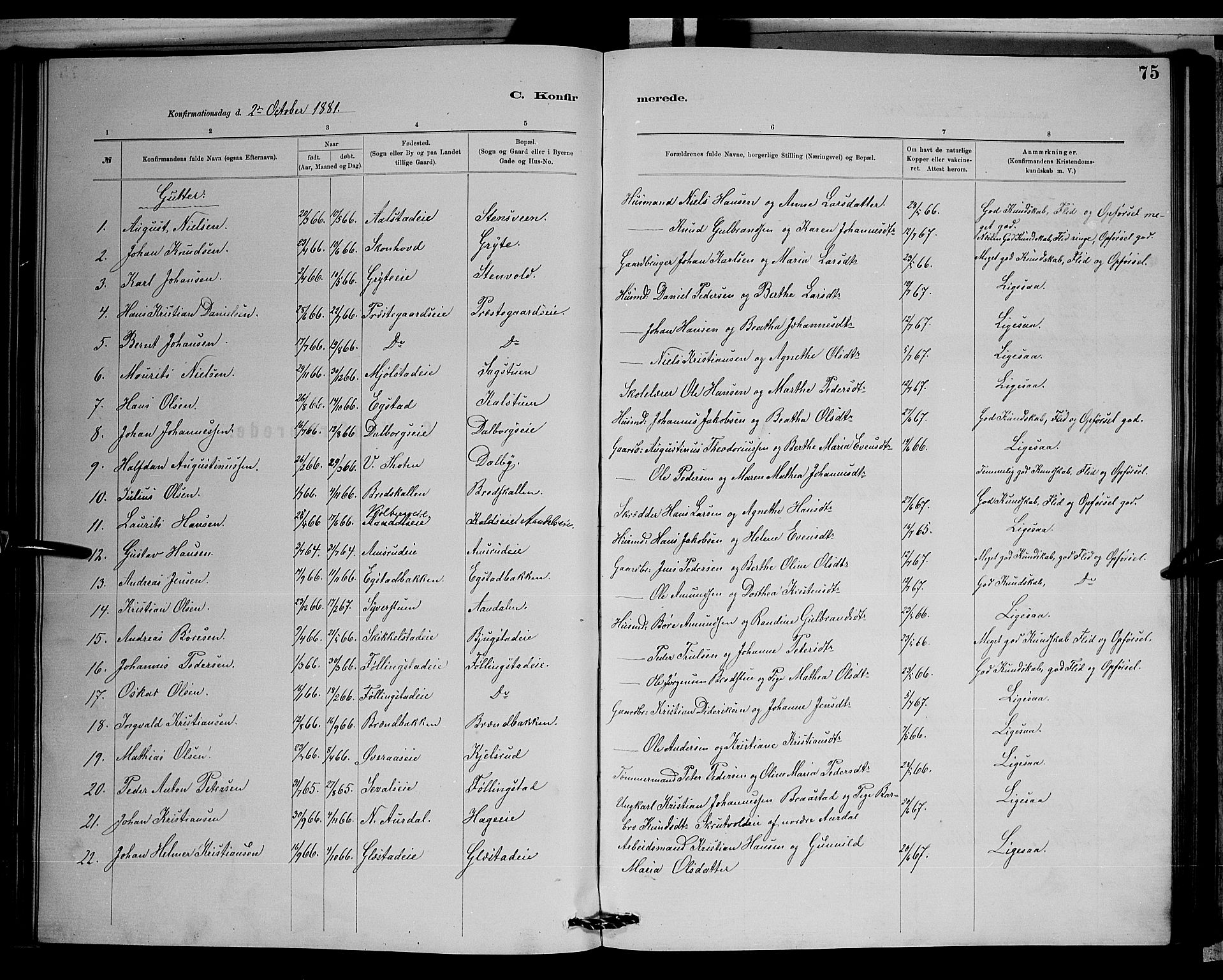 Vardal prestekontor, SAH/PREST-100/H/Ha/Hab/L0008: Parish register (copy) no. 8, 1881-1898, p. 75