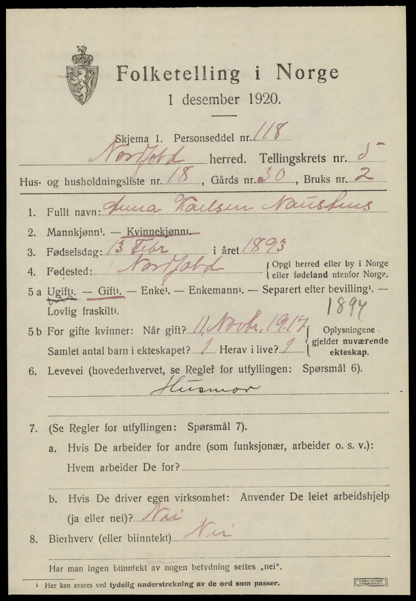 SAT, 1920 census for Nordfold, 1920, p. 2667