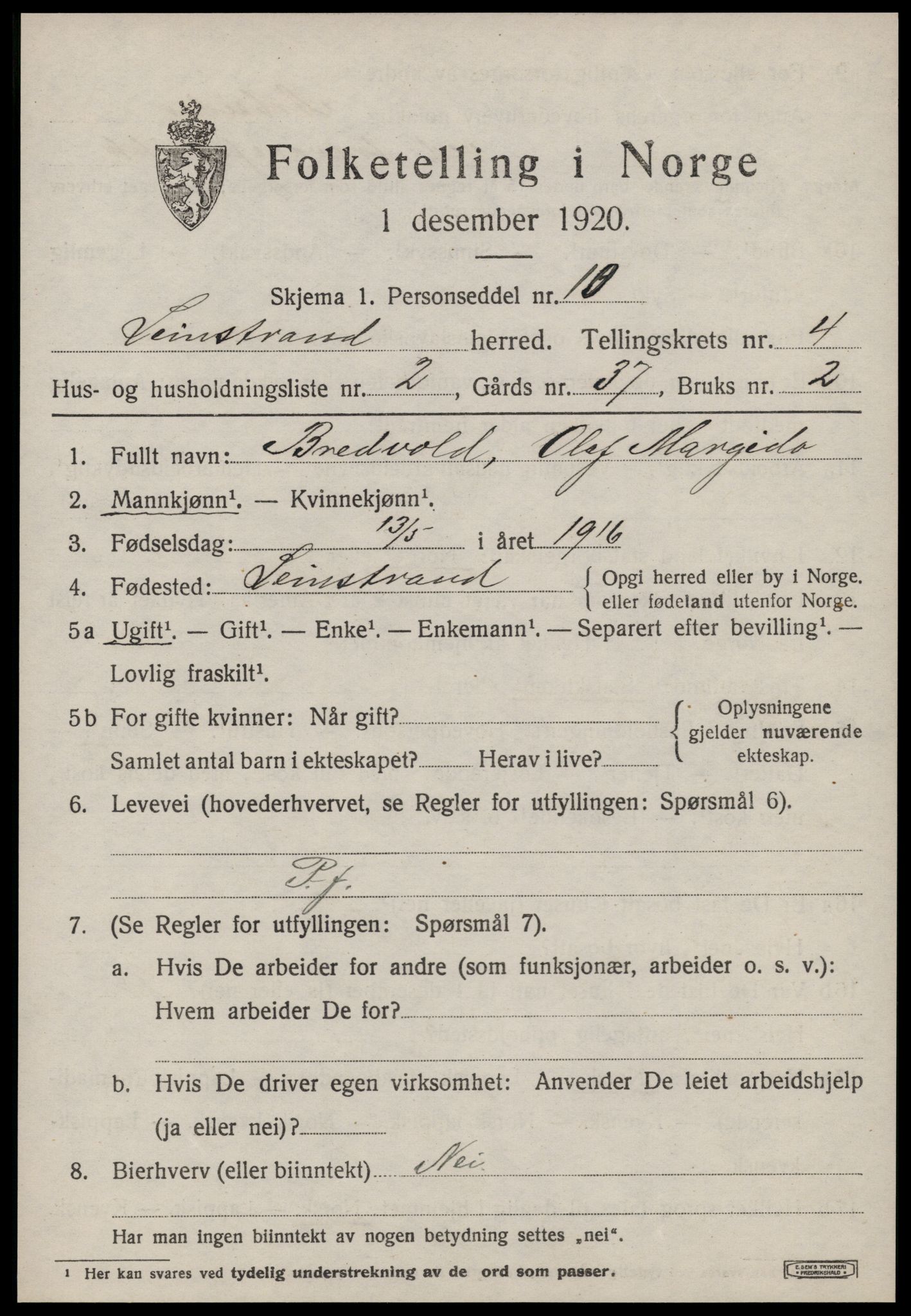 SAT, 1920 census for Leinstrand, 1920, p. 3835