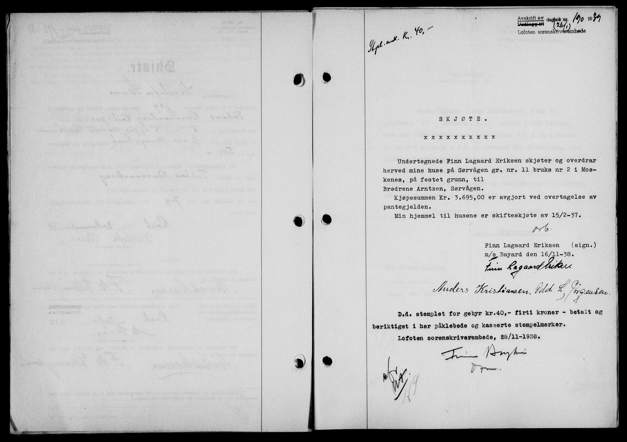 Lofoten sorenskriveri, SAT/A-0017/1/2/2C/L0005a: Mortgage book no. 5a, 1939-1939, Diary no: : 190/1939