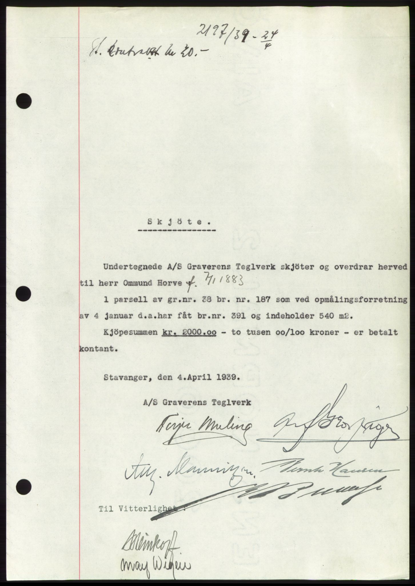 Jæren sorenskriveri, SAST/A-100310/03/G/Gba/L0074: Mortgage book, 1939-1939, Diary no: : 2197/1939