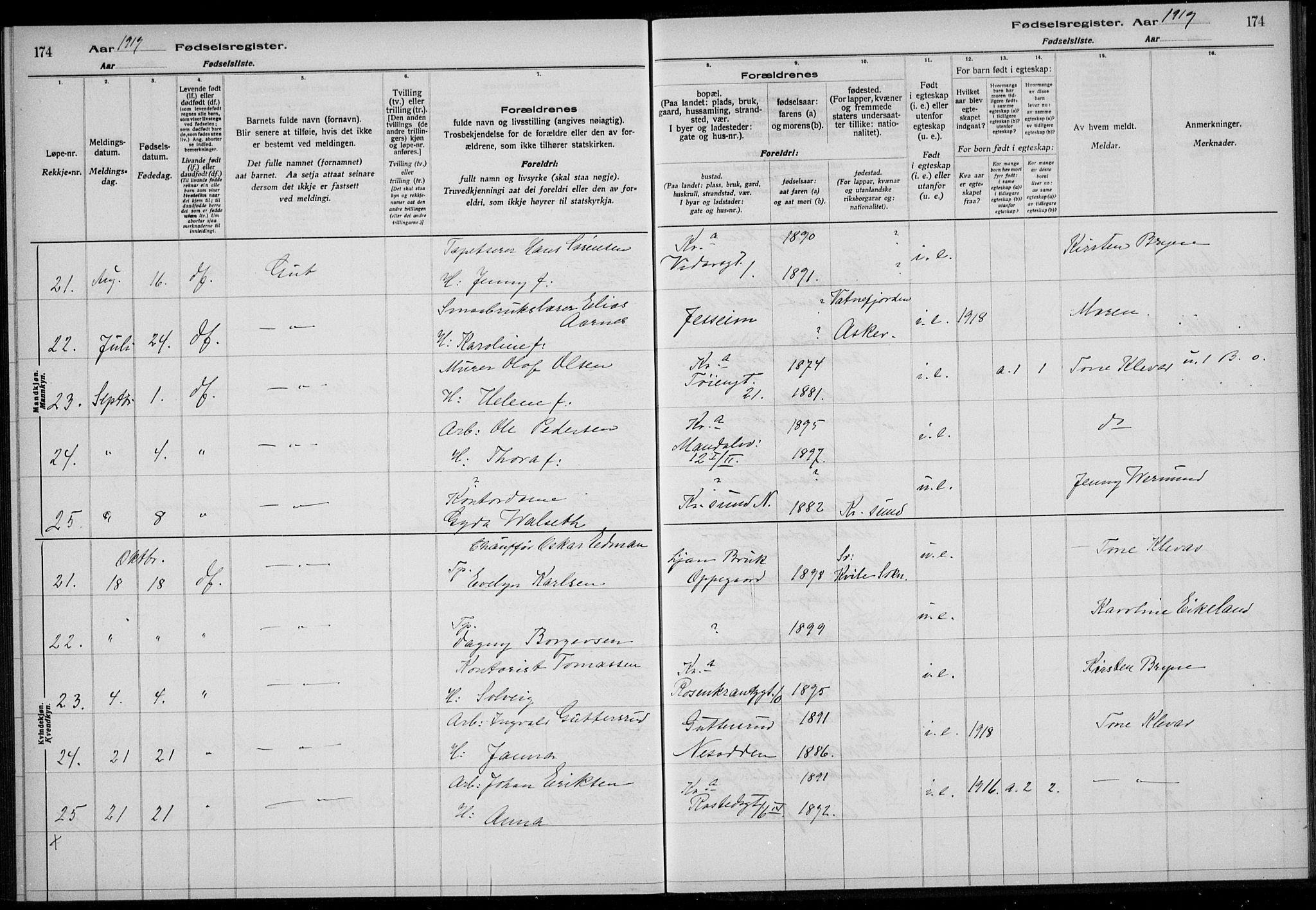 Rikshospitalet prestekontor Kirkebøker, AV/SAO-A-10309b/J/L0004: Birth register no. 4, 1919-1919, p. 174