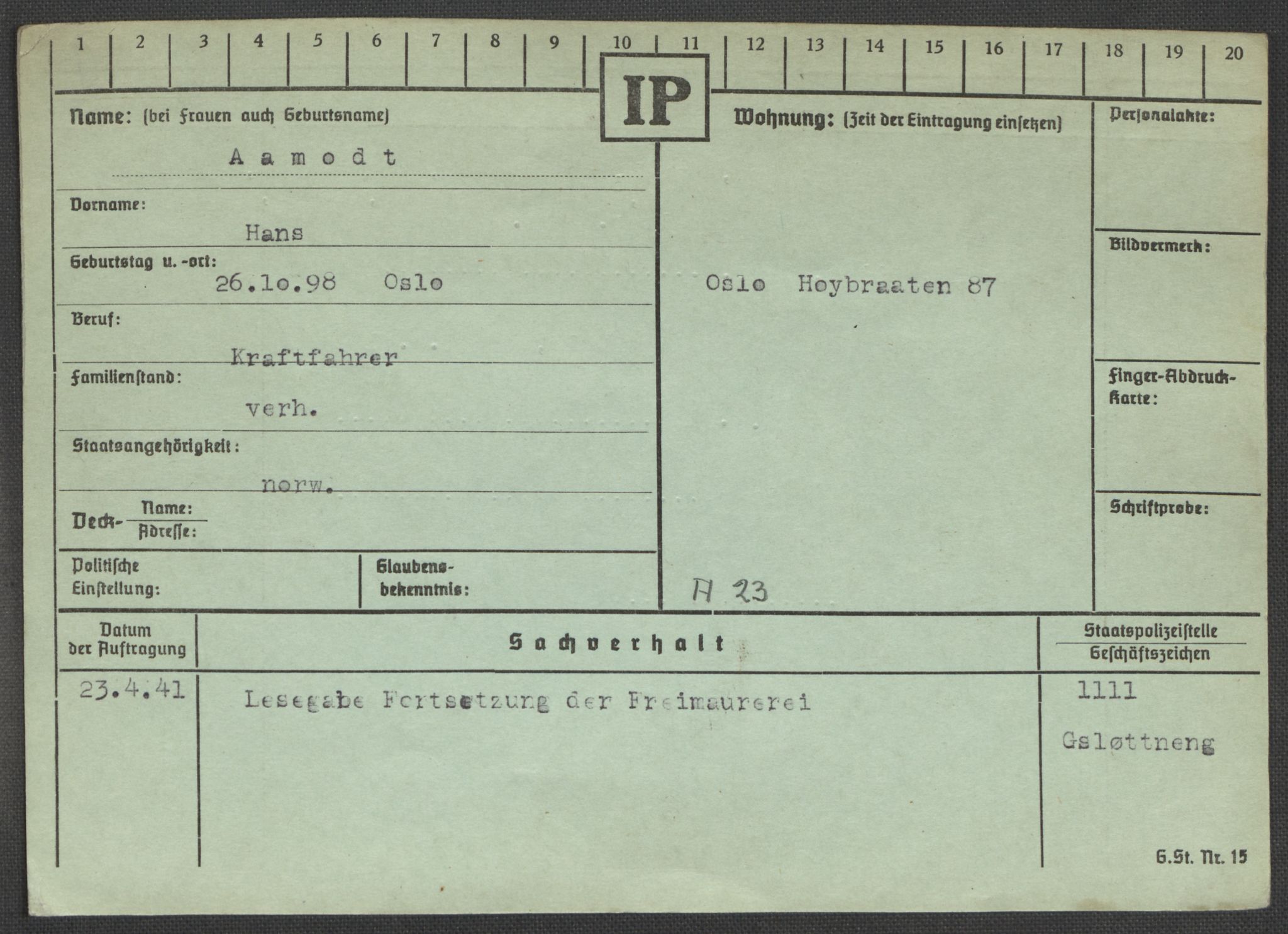 Befehlshaber der Sicherheitspolizei und des SD, AV/RA-RAFA-5969/E/Ea/Eaa/L0010: Register over norske fanger i Møllergata 19: Sø-Å, 1940-1945, p. 1410