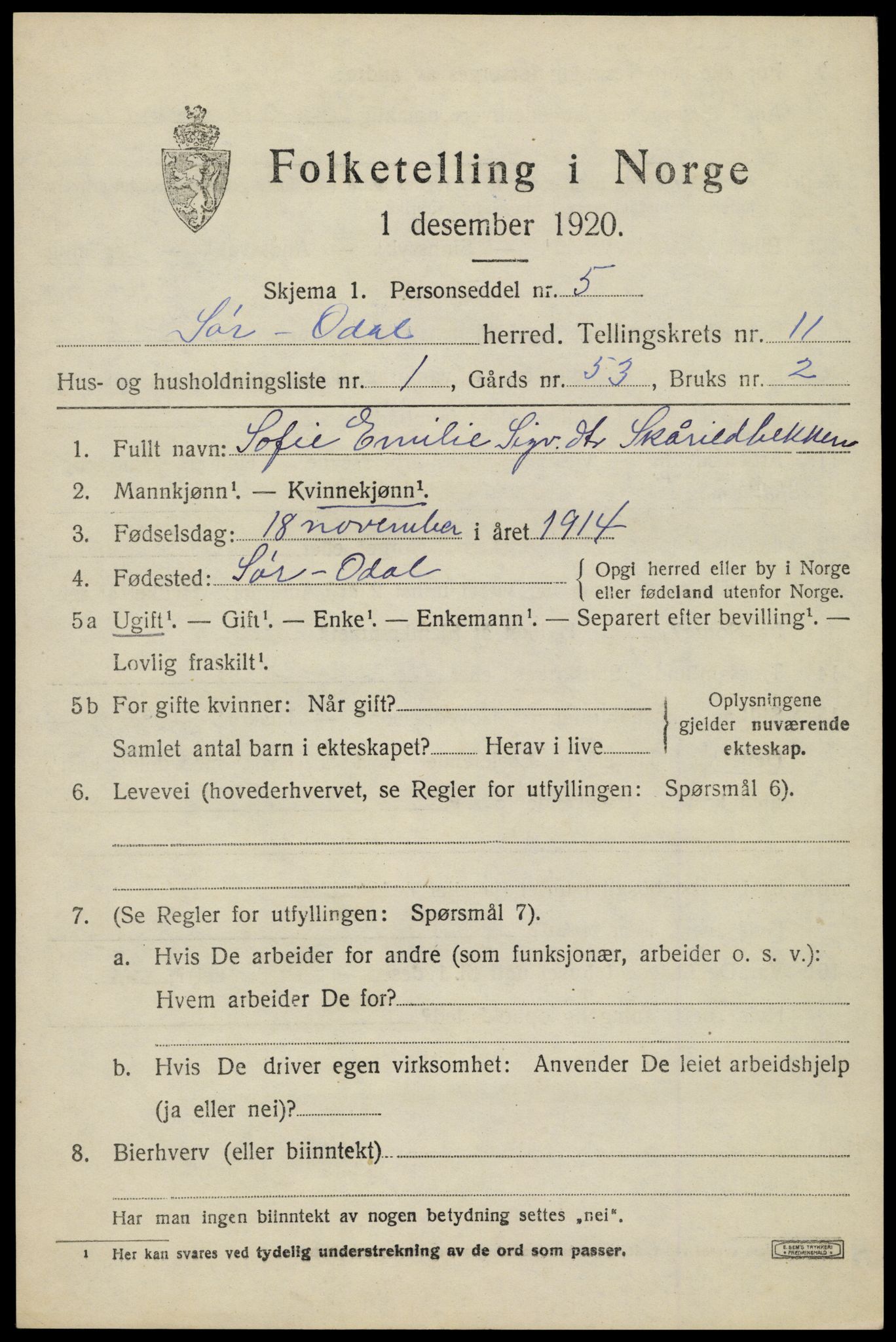 SAH, 1920 census for Sør-Odal, 1920, p. 11759