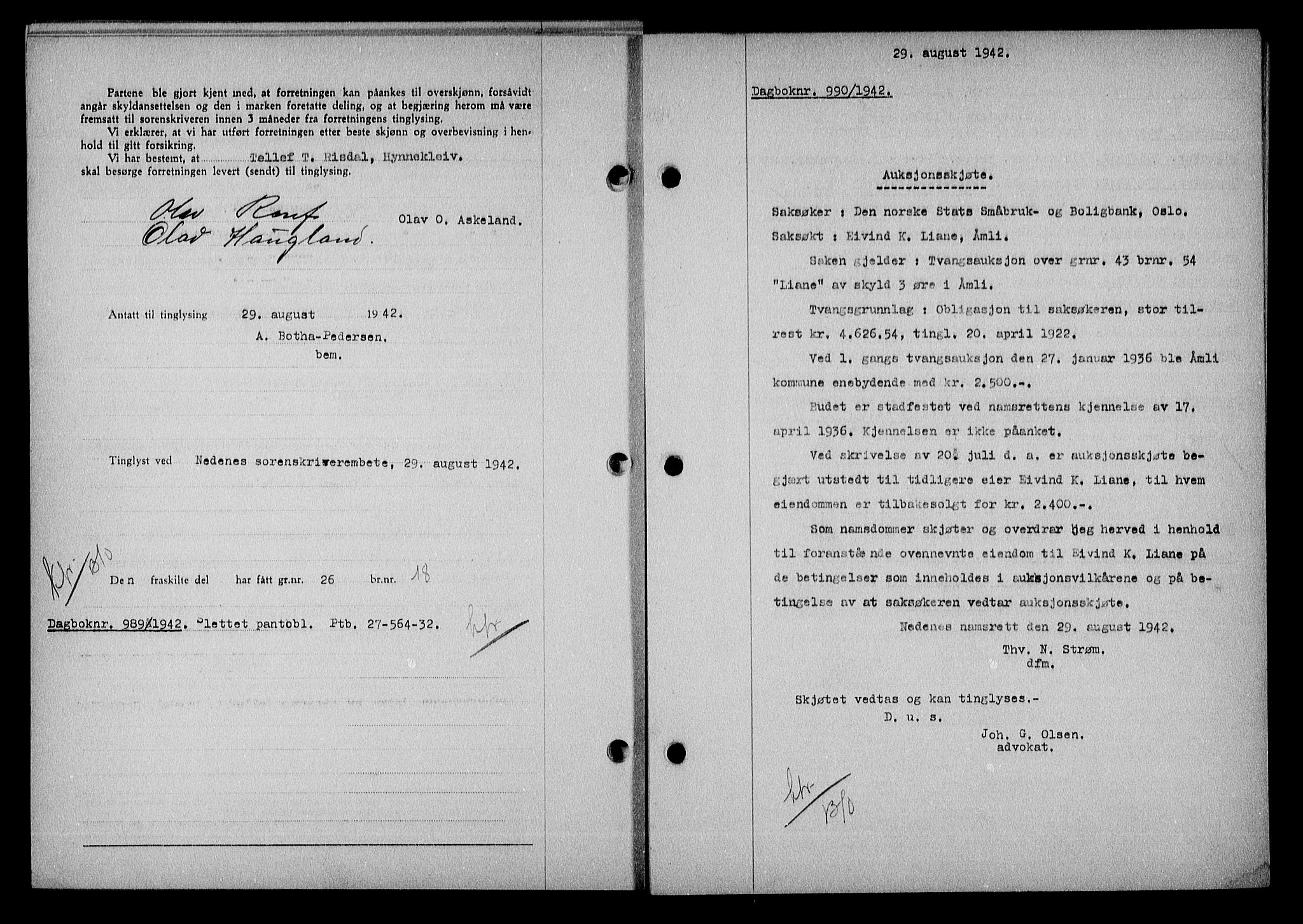 Nedenes sorenskriveri, SAK/1221-0006/G/Gb/Gba/L0049: Mortgage book no. A-III, 1941-1942, Diary no: : 990/1942