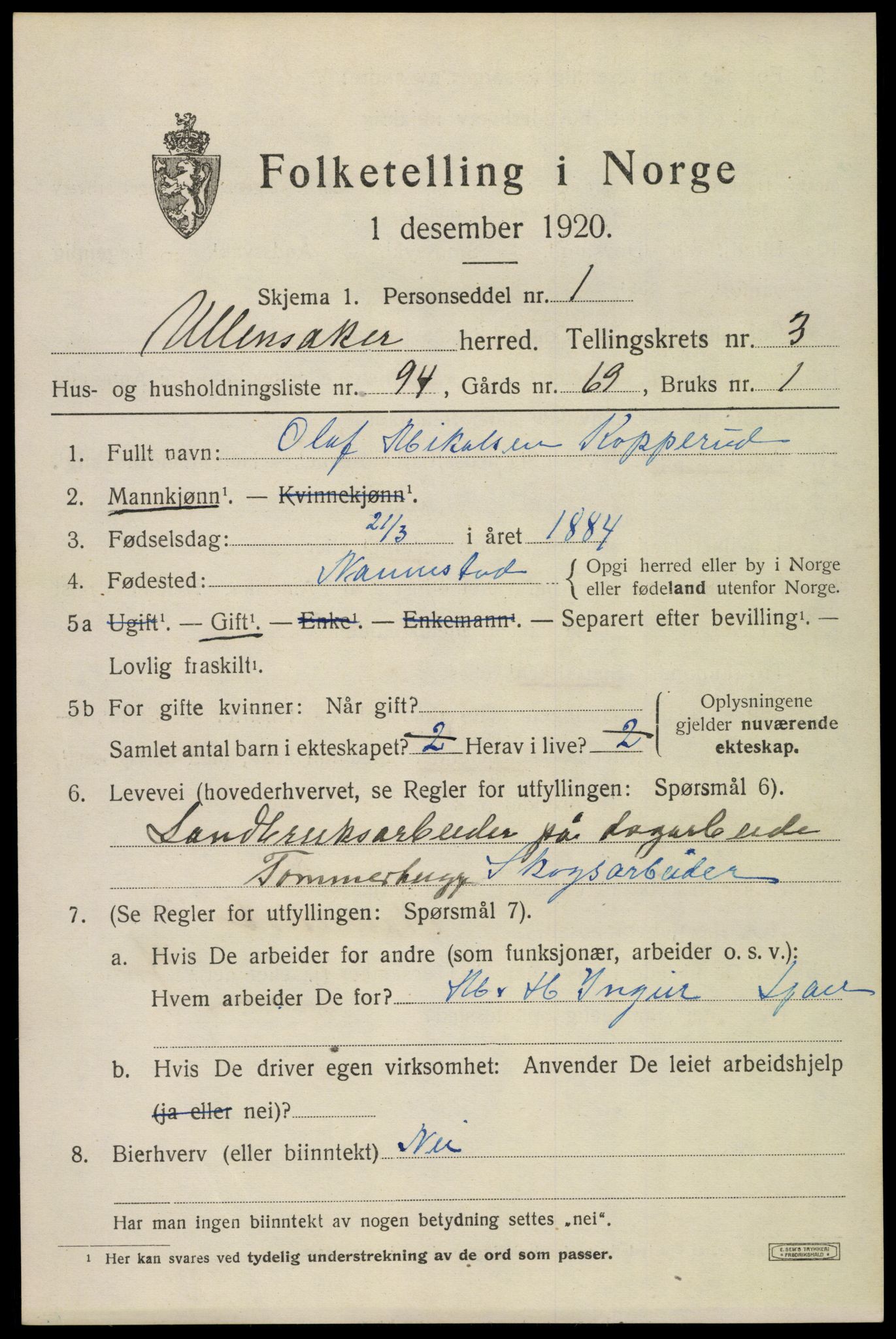 SAO, 1920 census for Ullensaker, 1920, p. 7233