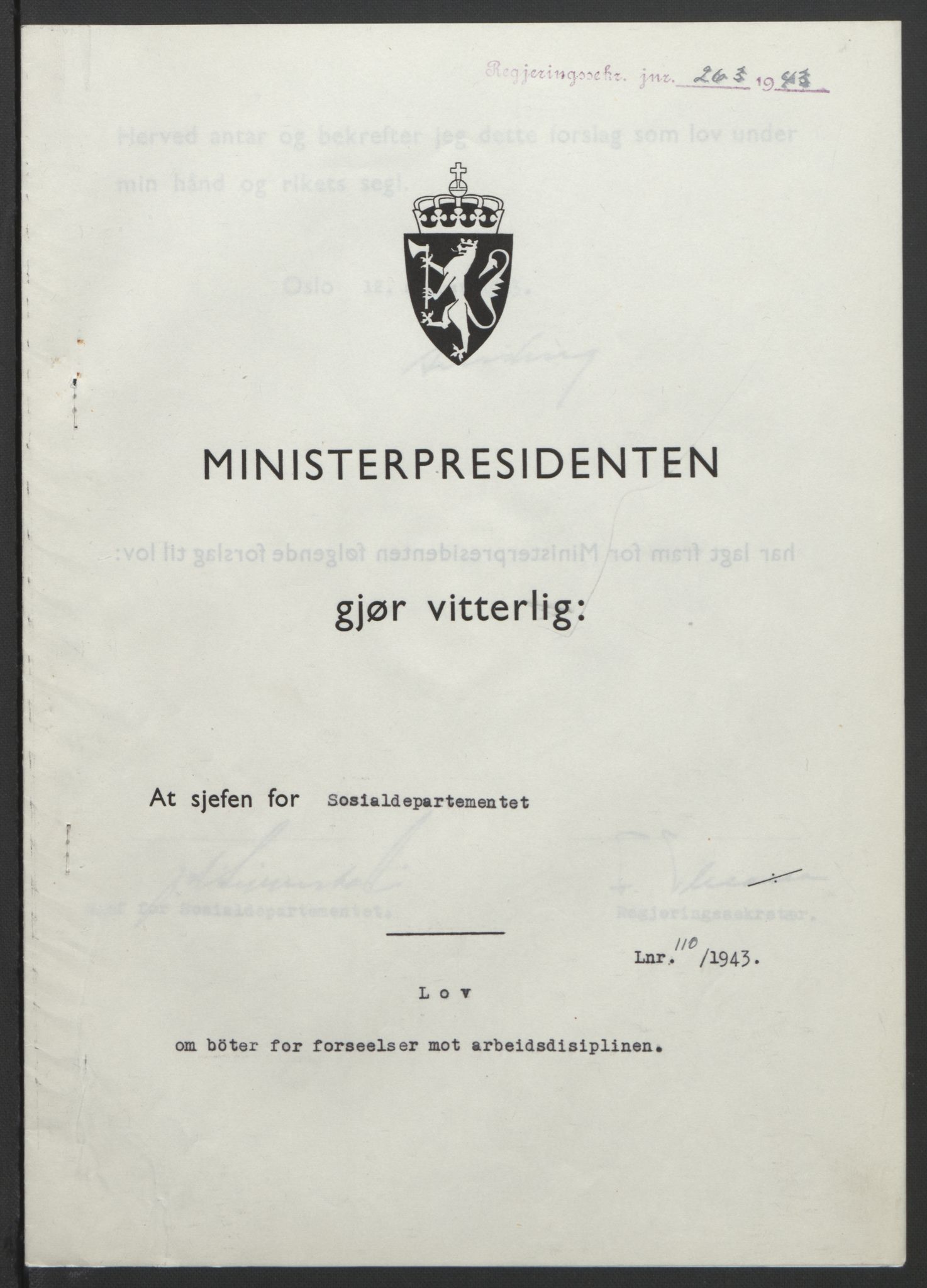 NS-administrasjonen 1940-1945 (Statsrådsekretariatet, de kommisariske statsråder mm), RA/S-4279/D/Db/L0099: Lover, 1943, p. 513