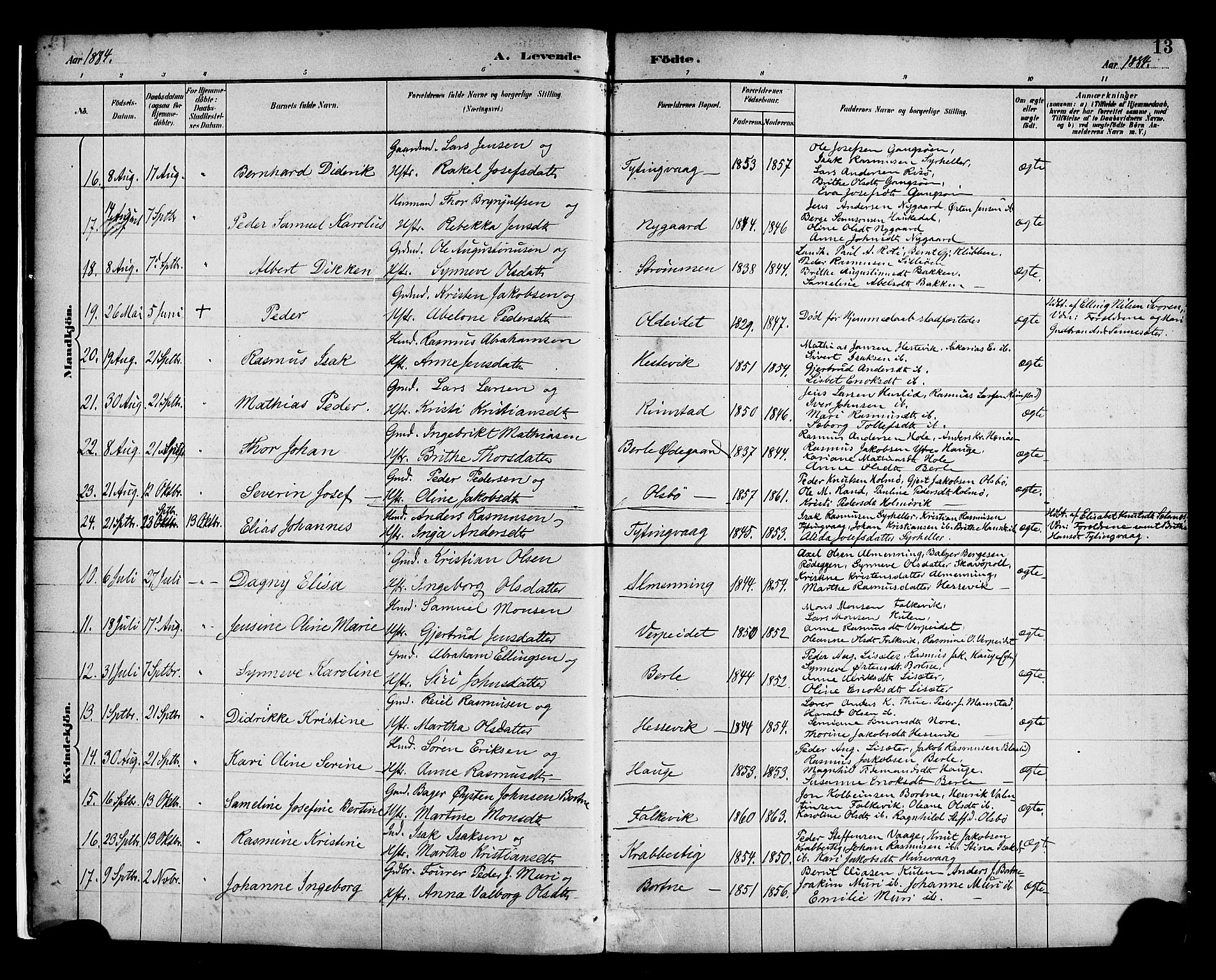 Davik sokneprestembete, AV/SAB-A-79701/H/Haa/Haad/L0001: Parish register (official) no. D 1, 1882-1900, p. 13