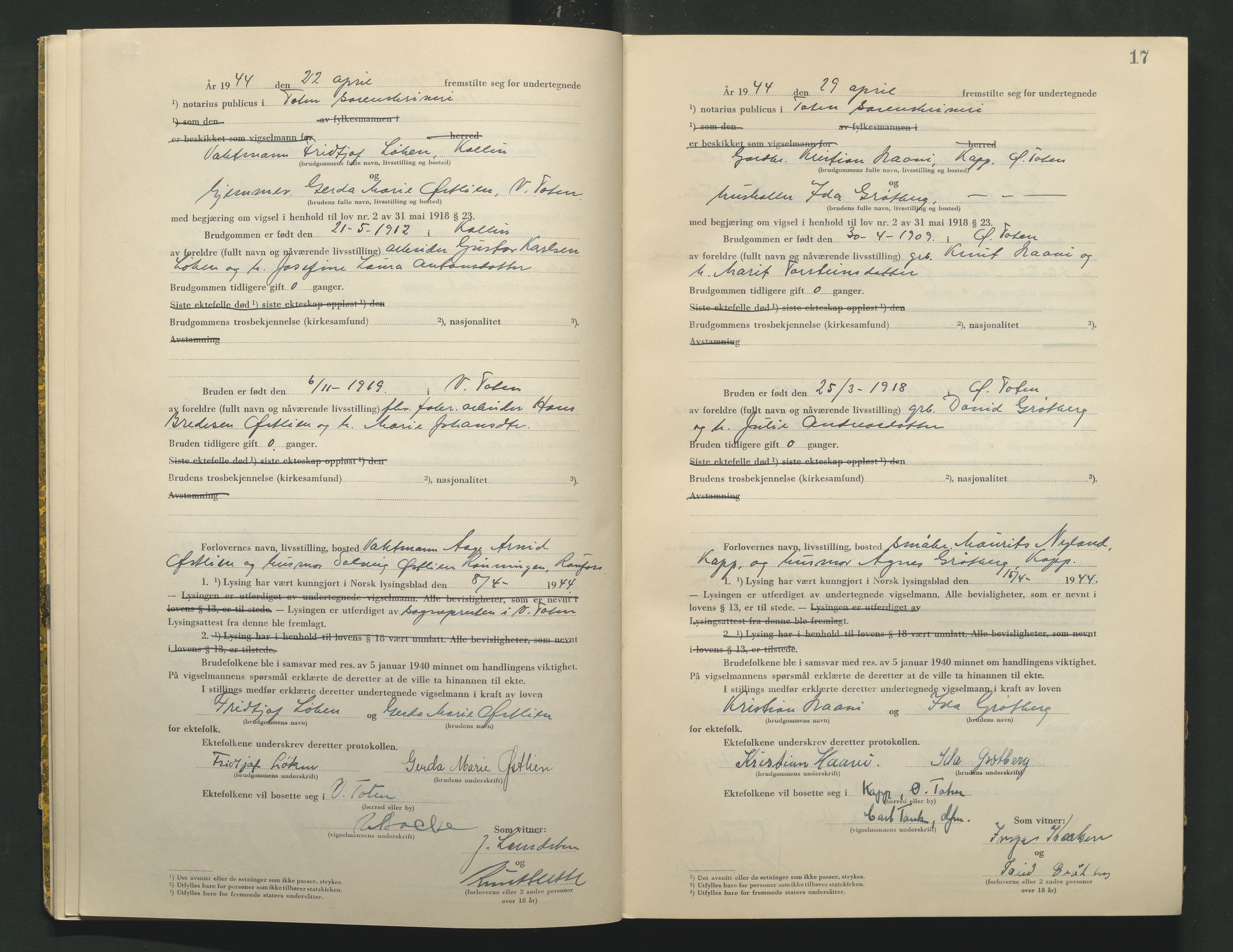 Toten tingrett, AV/SAH-TING-006/L/Lc/L0004: Vigselbok, 1944, p. 17