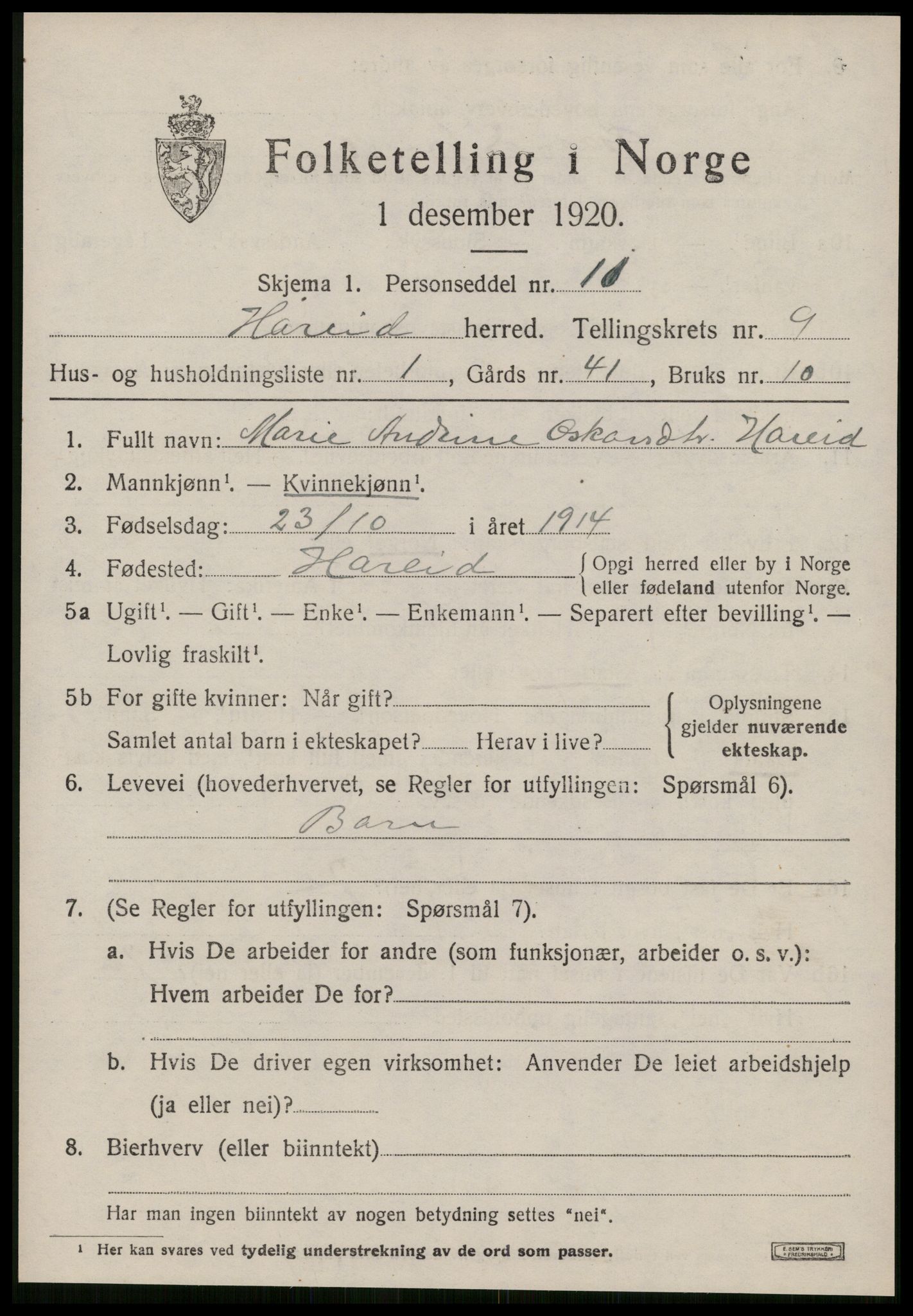 SAT, 1920 census for Hareid, 1920, p. 3179