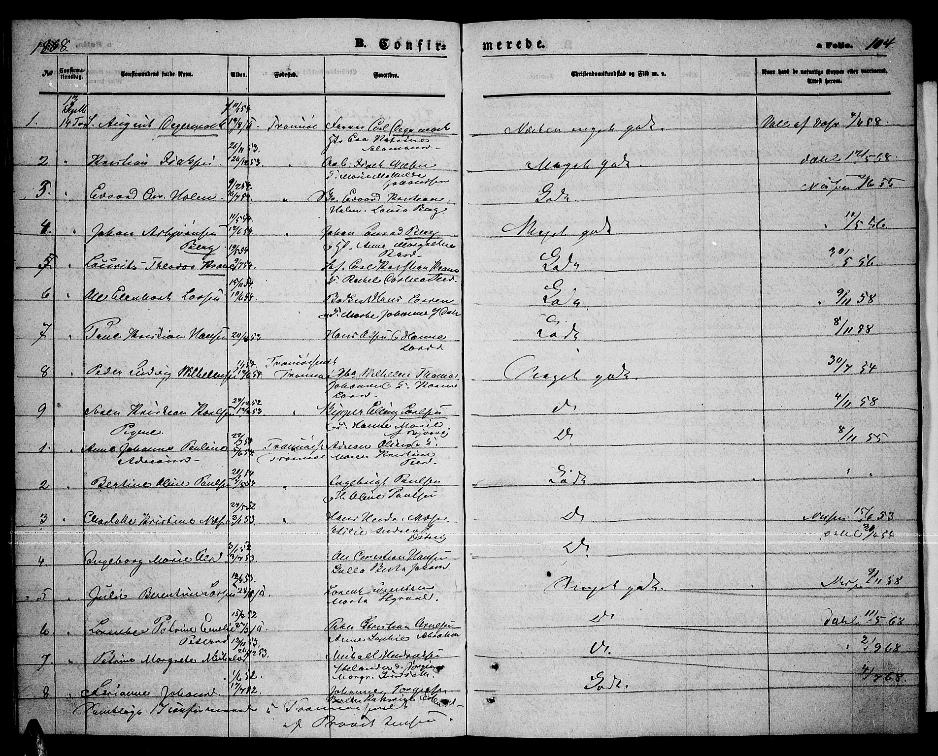 Tromsø sokneprestkontor/stiftsprosti/domprosti, AV/SATØ-S-1343/G/Gb/L0007klokker: Parish register (copy) no. 7, 1867-1875, p. 104