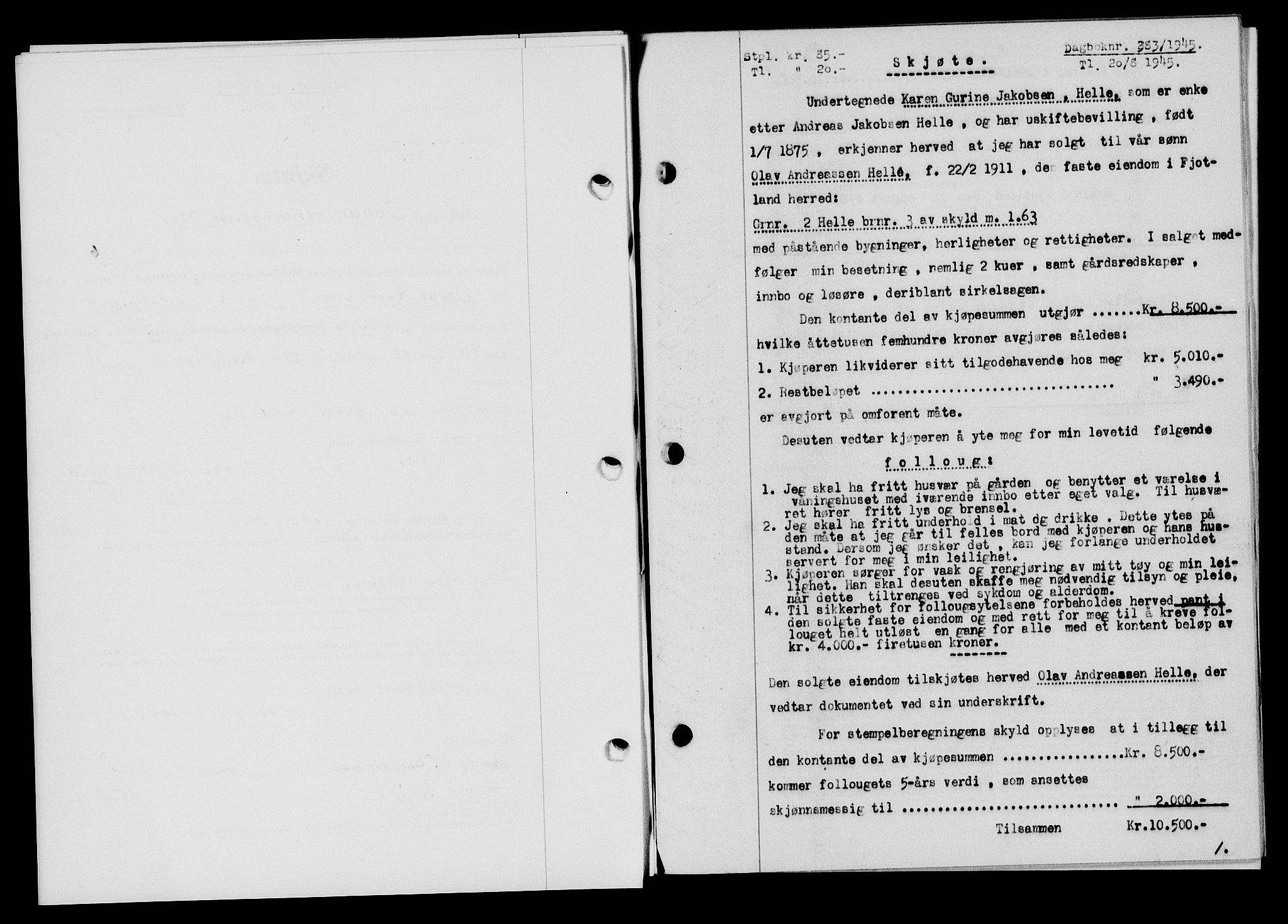 Flekkefjord sorenskriveri, SAK/1221-0001/G/Gb/Gba/L0059: Mortgage book no. A-7, 1944-1945, Diary no: : 383/1945