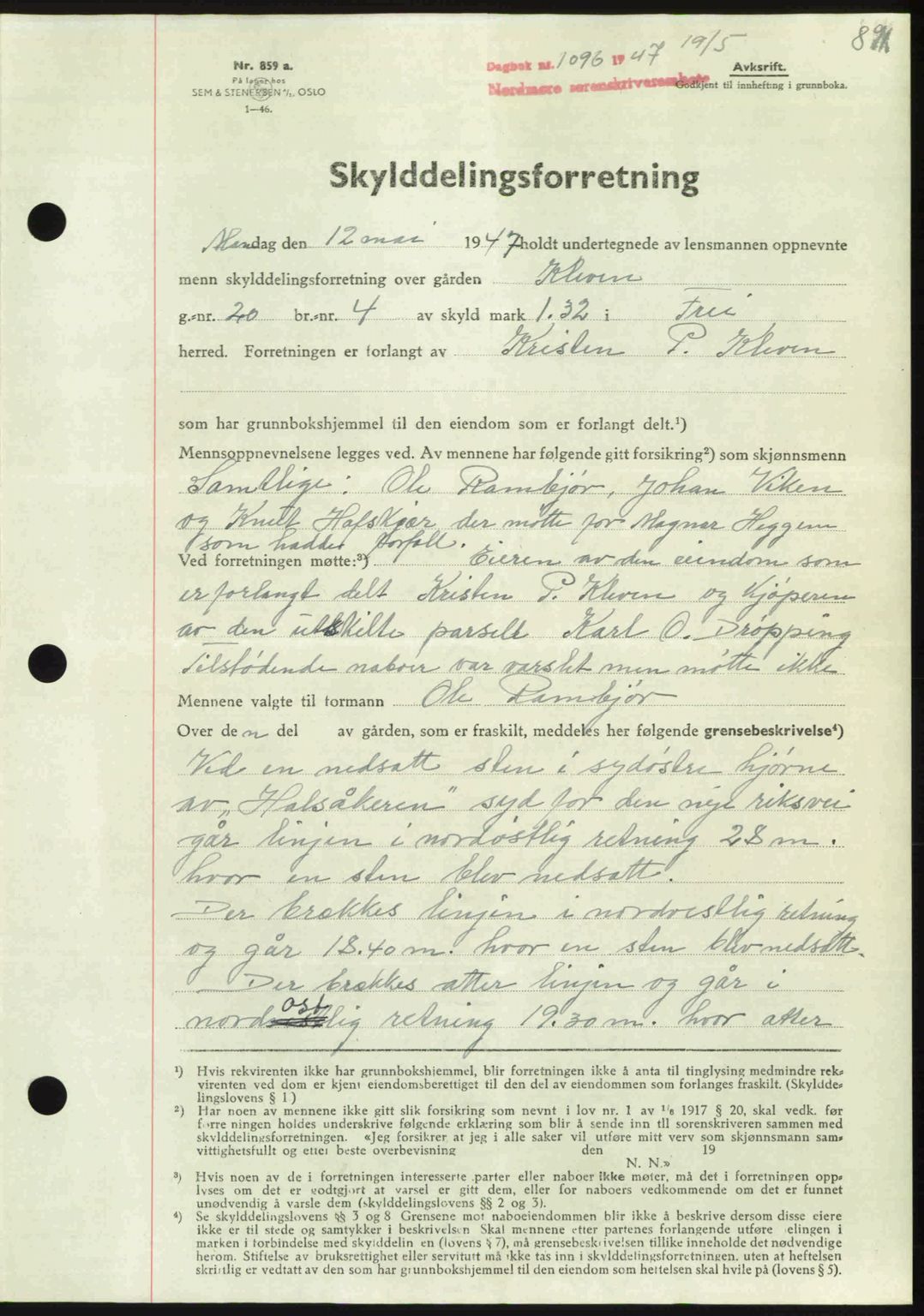 Nordmøre sorenskriveri, AV/SAT-A-4132/1/2/2Ca: Mortgage book no. A104, 1947-1947, Diary no: : 1096/1947