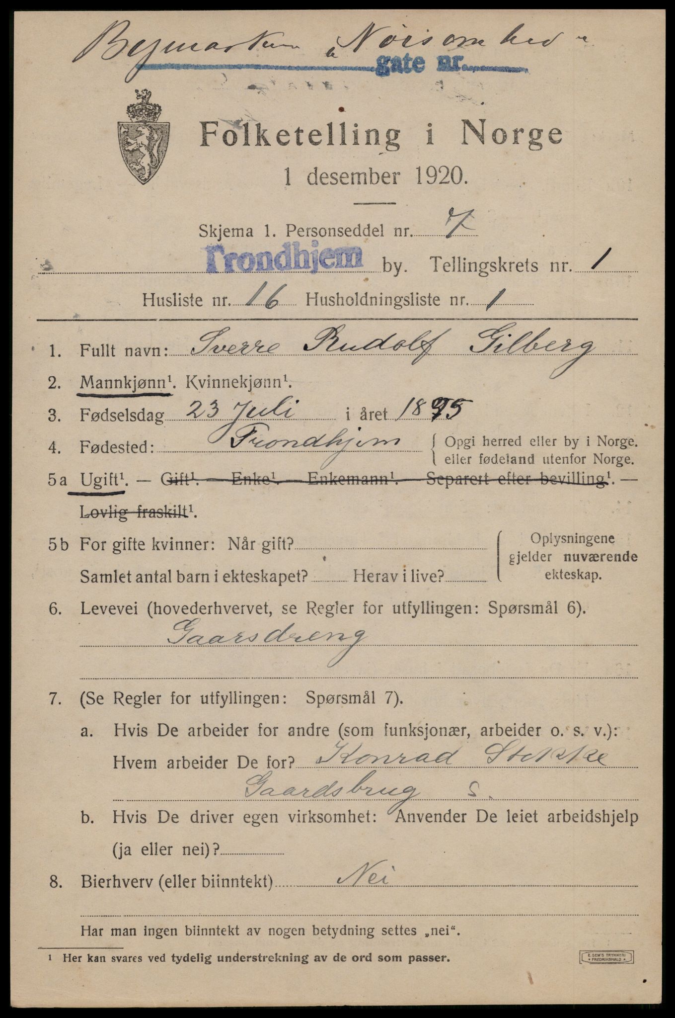 SAT, 1920 census for Trondheim, 1920, p. 32920