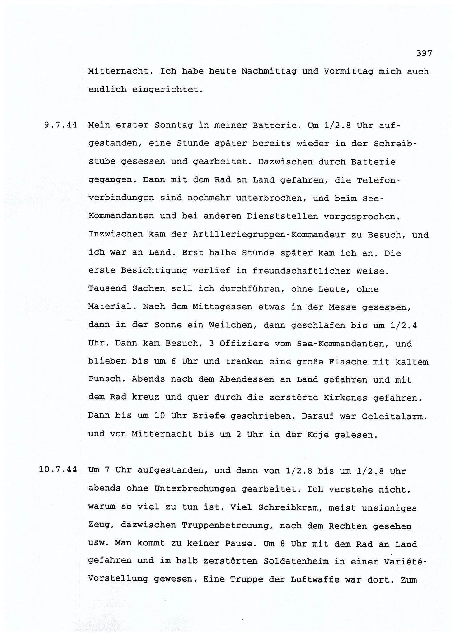 Dagbokopptegnelser av en tysk marineoffiser stasjonert i Norge , FMFB/A-1160/F/L0001: Dagbokopptegnelser av en tysk marineoffiser stasjonert i Norge, 1941-1944, p. 397