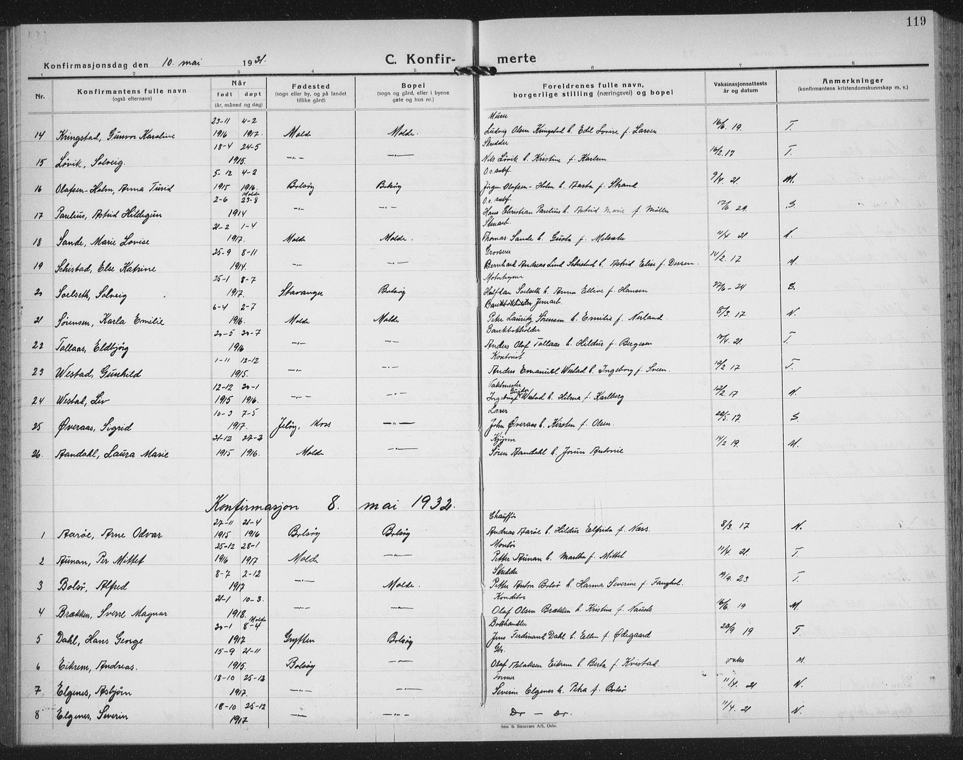 Ministerialprotokoller, klokkerbøker og fødselsregistre - Møre og Romsdal, SAT/A-1454/558/L0704: Parish register (copy) no. 558C05, 1921-1942, p. 119