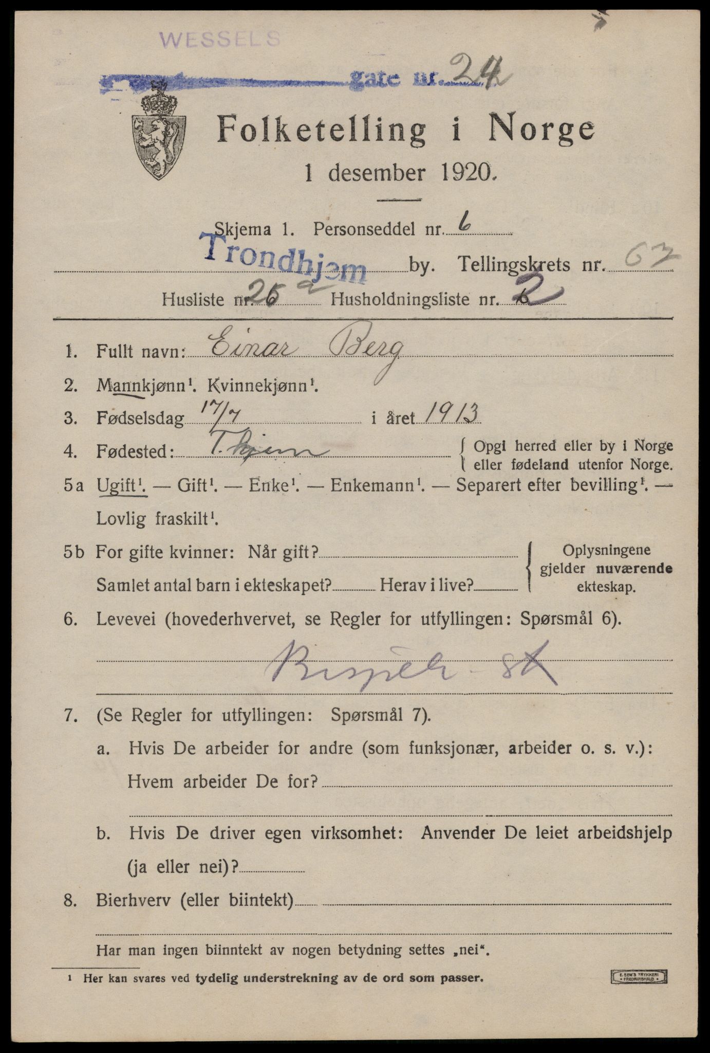 SAT, 1920 census for Trondheim, 1920, p. 133644