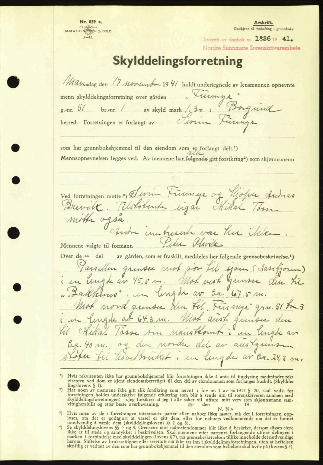 Nordre Sunnmøre sorenskriveri, AV/SAT-A-0006/1/2/2C/2Ca: Mortgage book no. A12, 1941-1942, Diary no: : 1836/1941