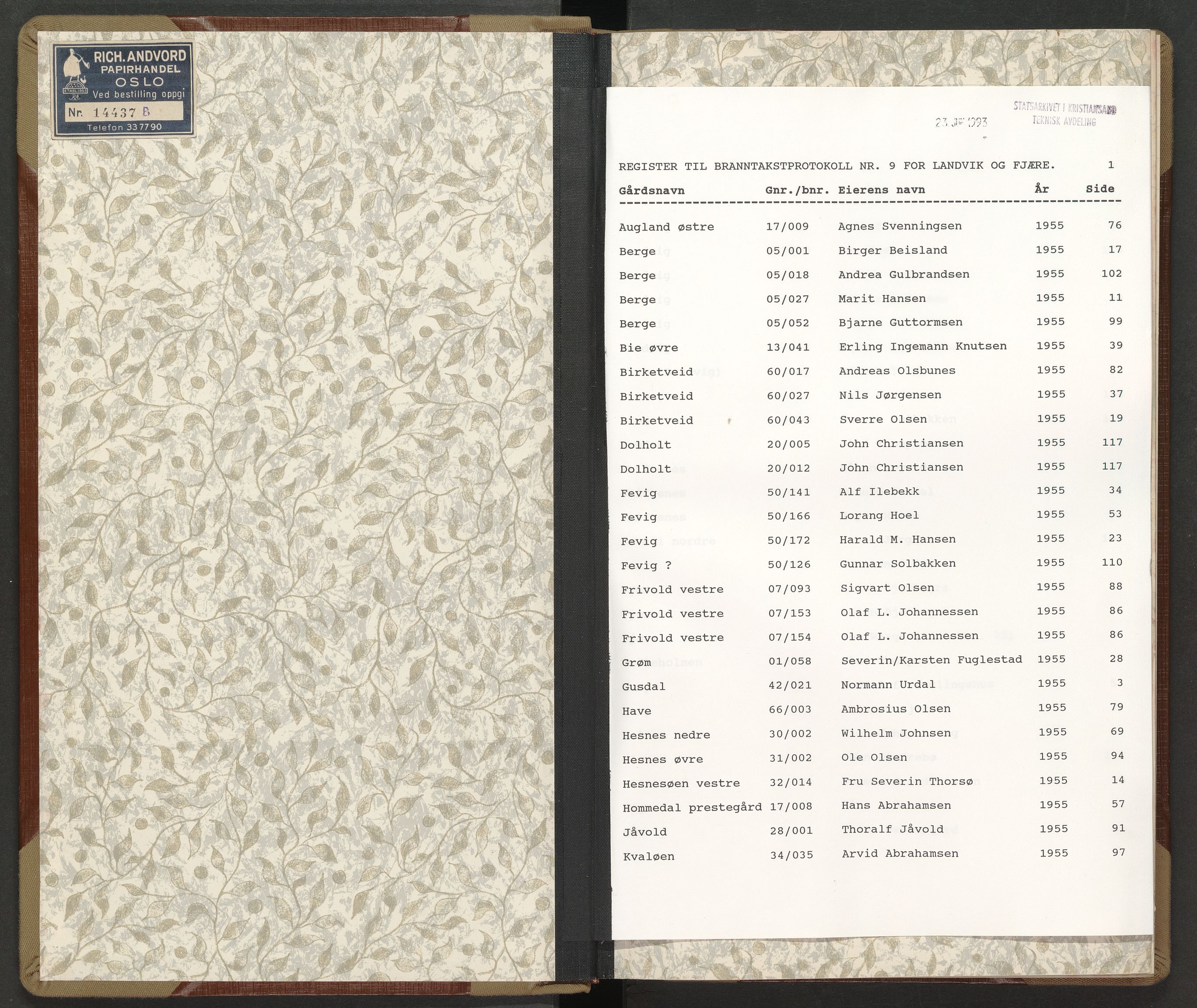 Norges Brannkasse Landvik og Fjære, AV/SAK-2241-0032/F/Fa/L0009: Branntakstprotokoll nr. 9 med gårdsnavnregister, 1955