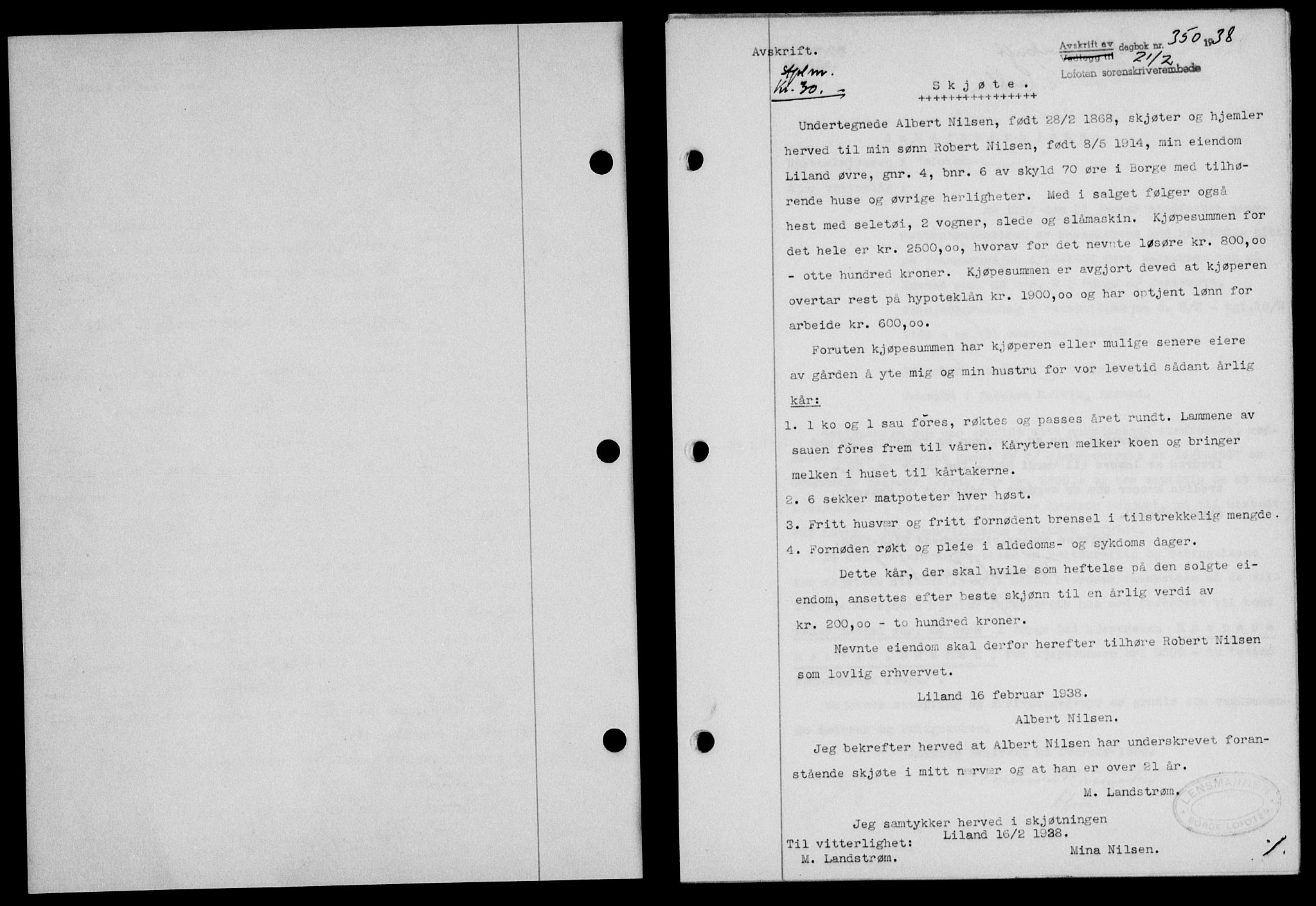 Lofoten sorenskriveri, SAT/A-0017/1/2/2C/L0003a: Mortgage book no. 3a, 1937-1938, Diary no: : 350/1938