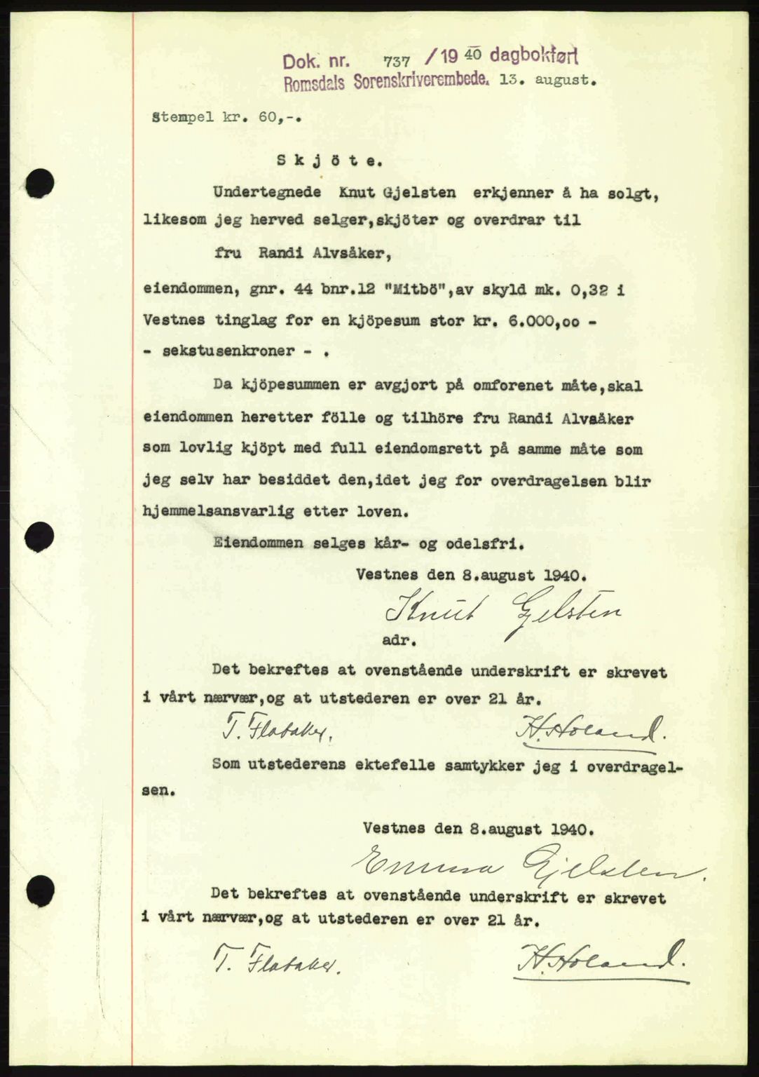 Romsdal sorenskriveri, AV/SAT-A-4149/1/2/2C: Mortgage book no. A8, 1939-1940, Diary no: : 737/1940