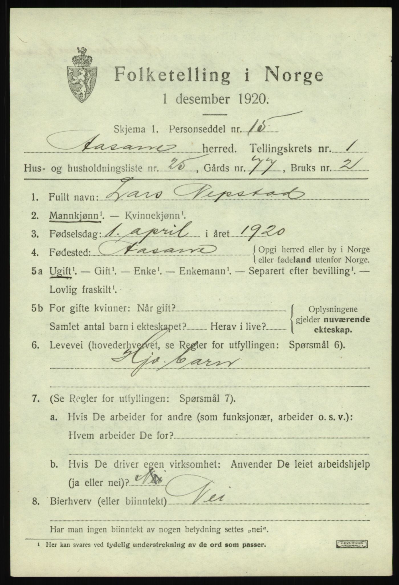 SAB, 1920 census for Åsane, 1920, p. 1203