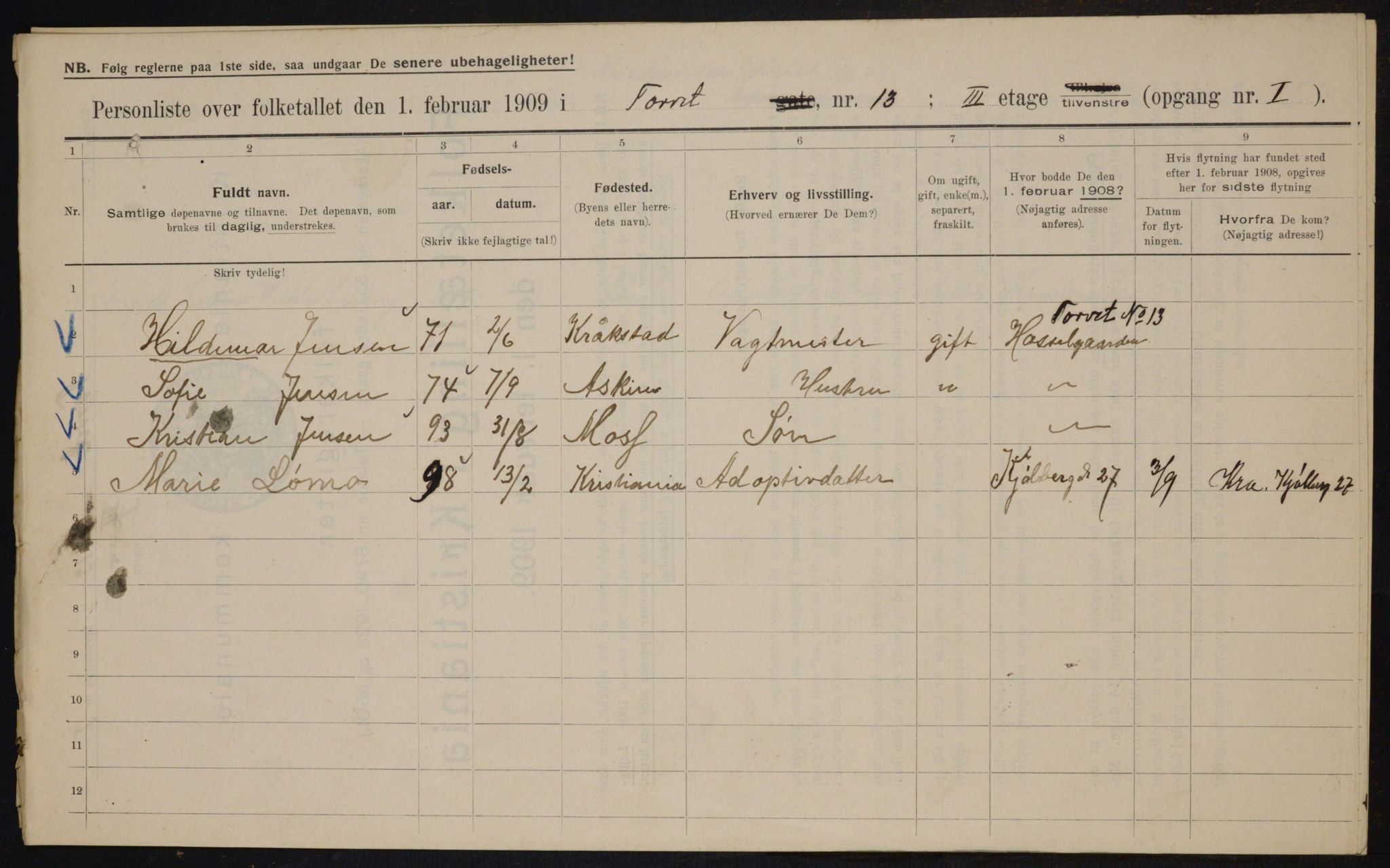 OBA, Municipal Census 1909 for Kristiania, 1909, p. 93764