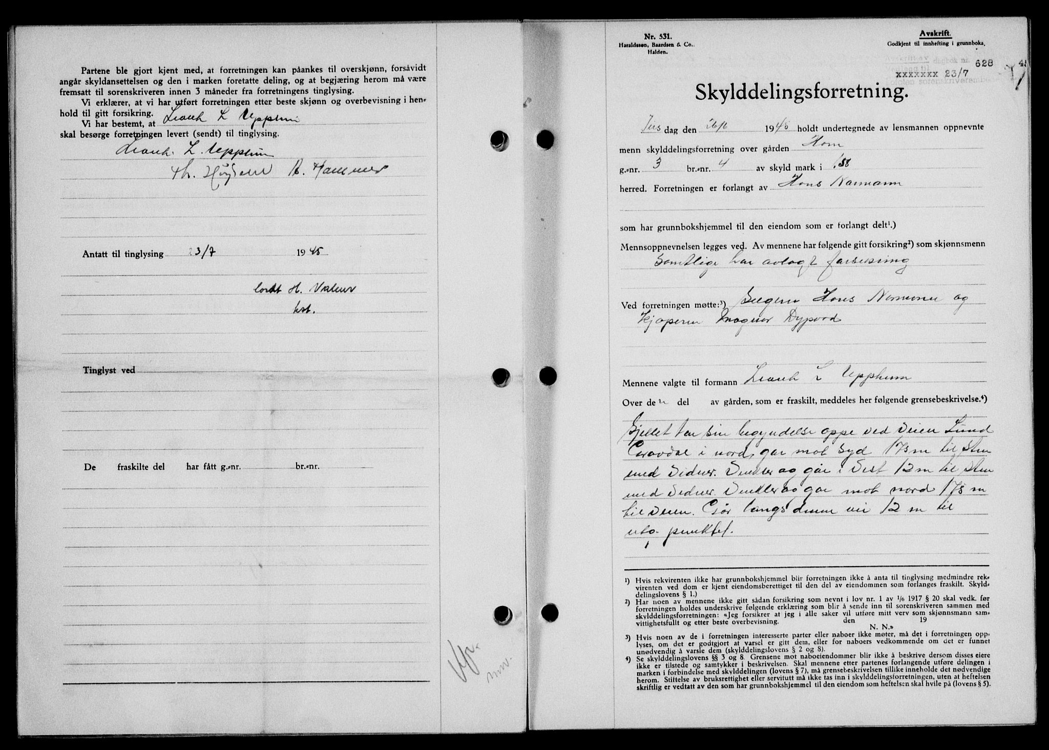 Lofoten sorenskriveri, SAT/A-0017/1/2/2C/L0013a: Mortgage book no. 13a, 1944-1946, Diary no: : 628/1945