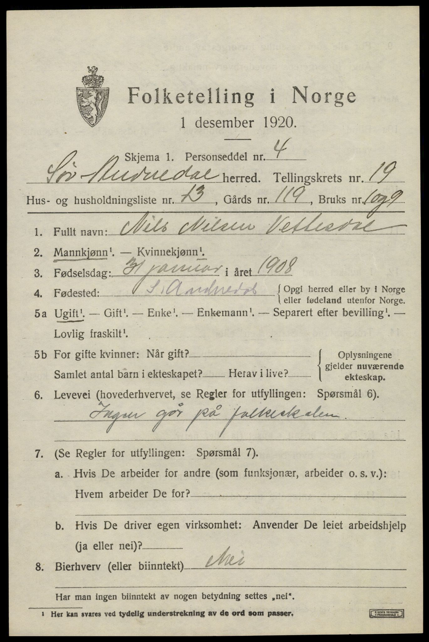 SAK, 1920 census for Sør-Audnedal, 1920, p. 6687