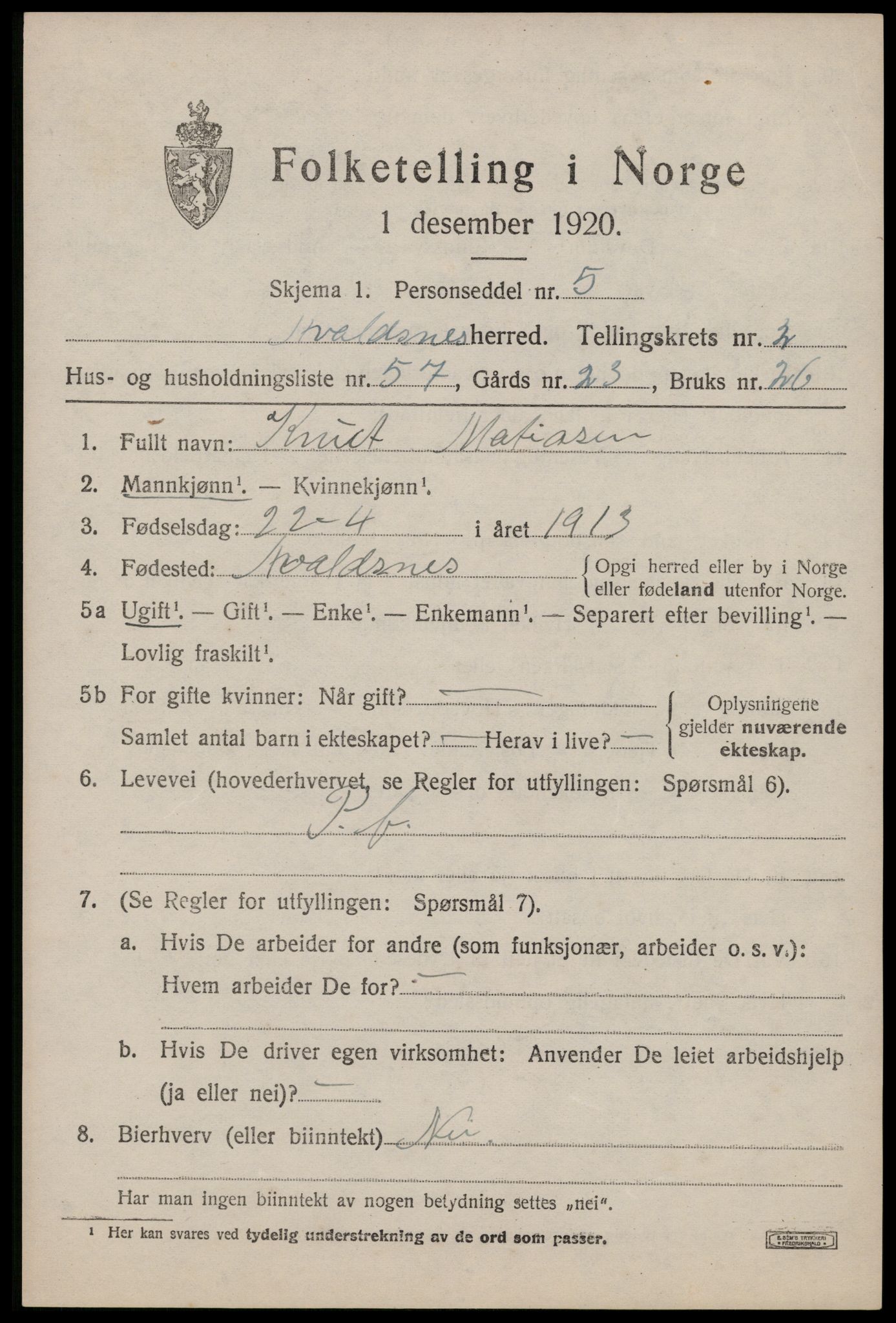 SAST, 1920 census for Avaldsnes, 1920, p. 2543