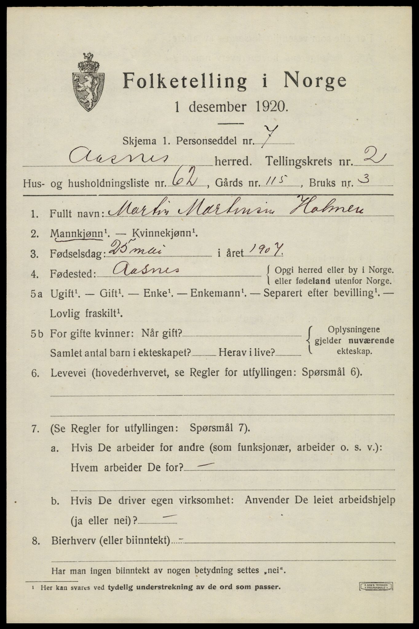 SAH, 1920 census for Åsnes, 1920, p. 3596