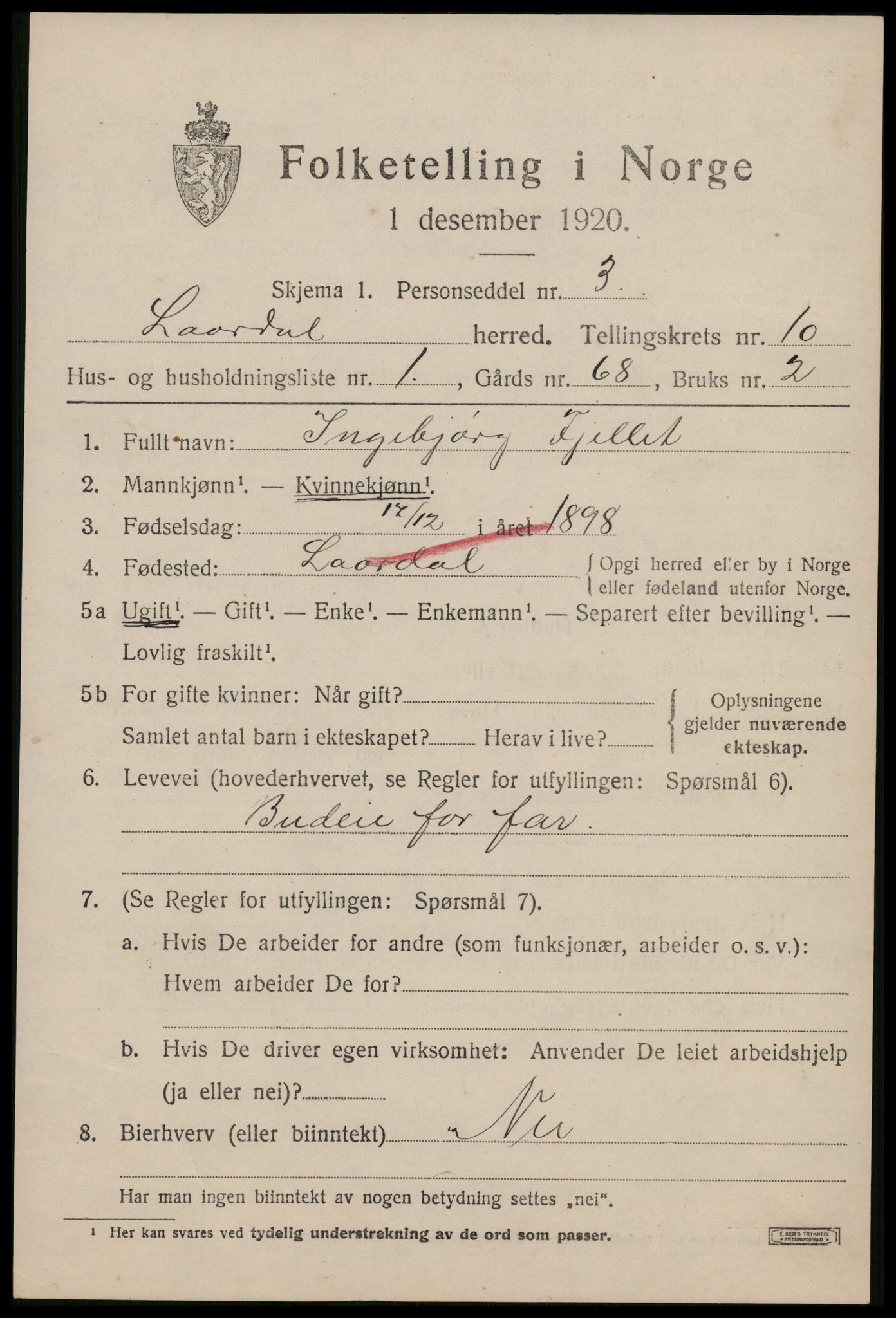 SAKO, 1920 census for Lårdal, 1920, p. 3319