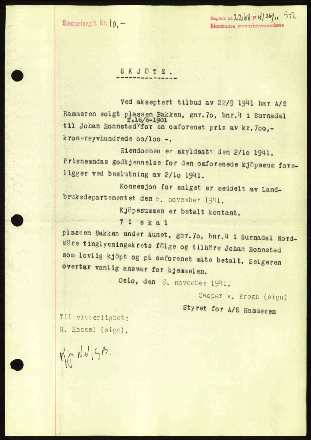 Nordmøre sorenskriveri, AV/SAT-A-4132/1/2/2Ca: Mortgage book no. A91, 1941-1942, Diary no: : 2268/1941