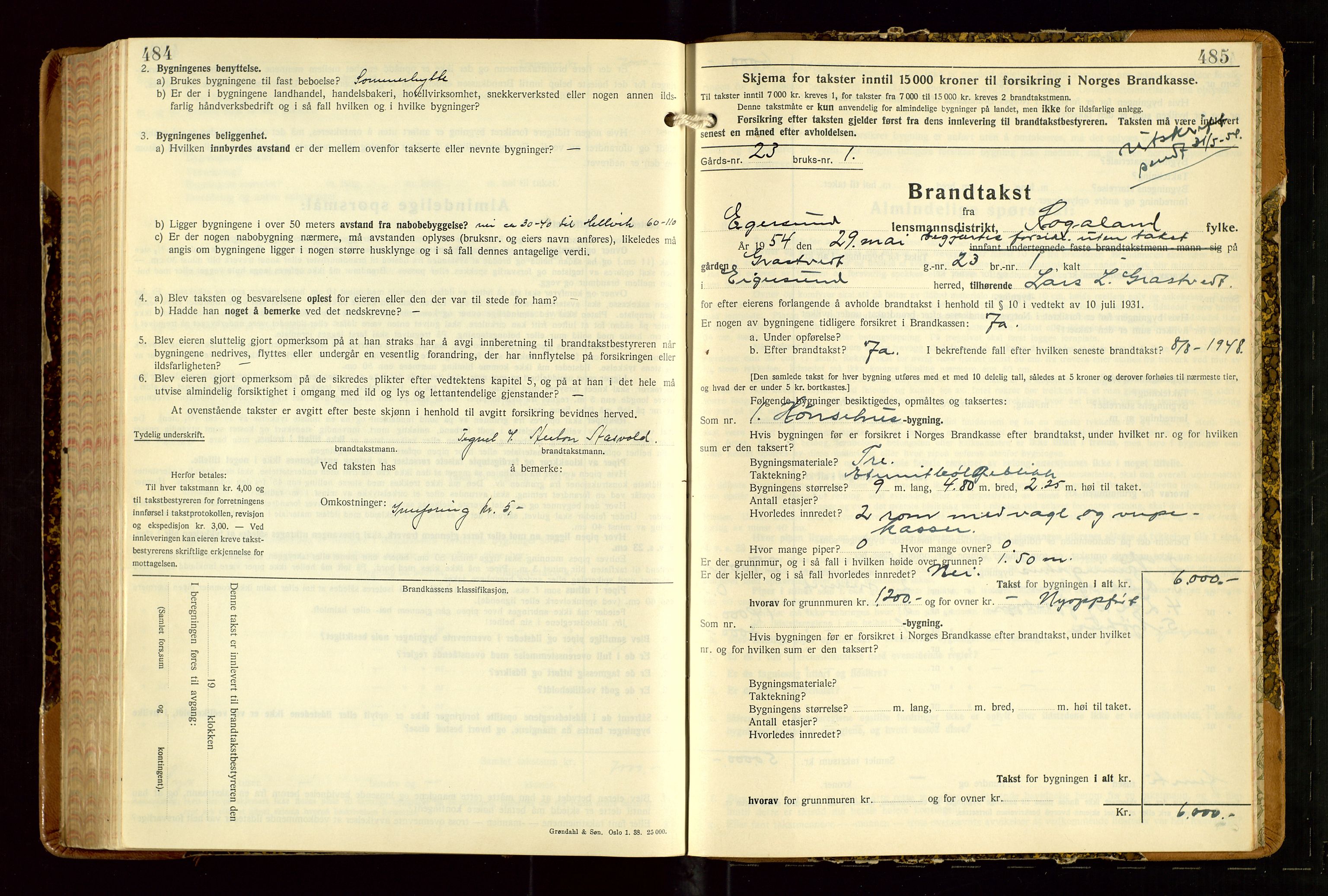 Eigersund lensmannskontor, AV/SAST-A-100171/Gob/L0007: "Brandtakstprotokoll", 1938-1955, p. 484-485