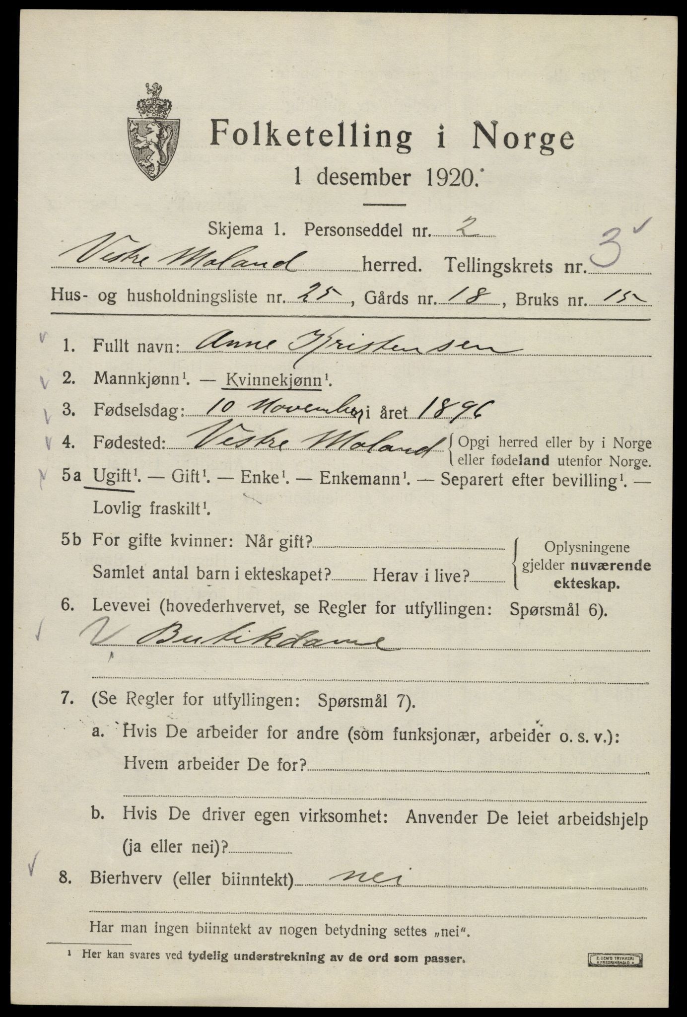 SAK, 1920 census for Vestre Moland, 1920, p. 3563