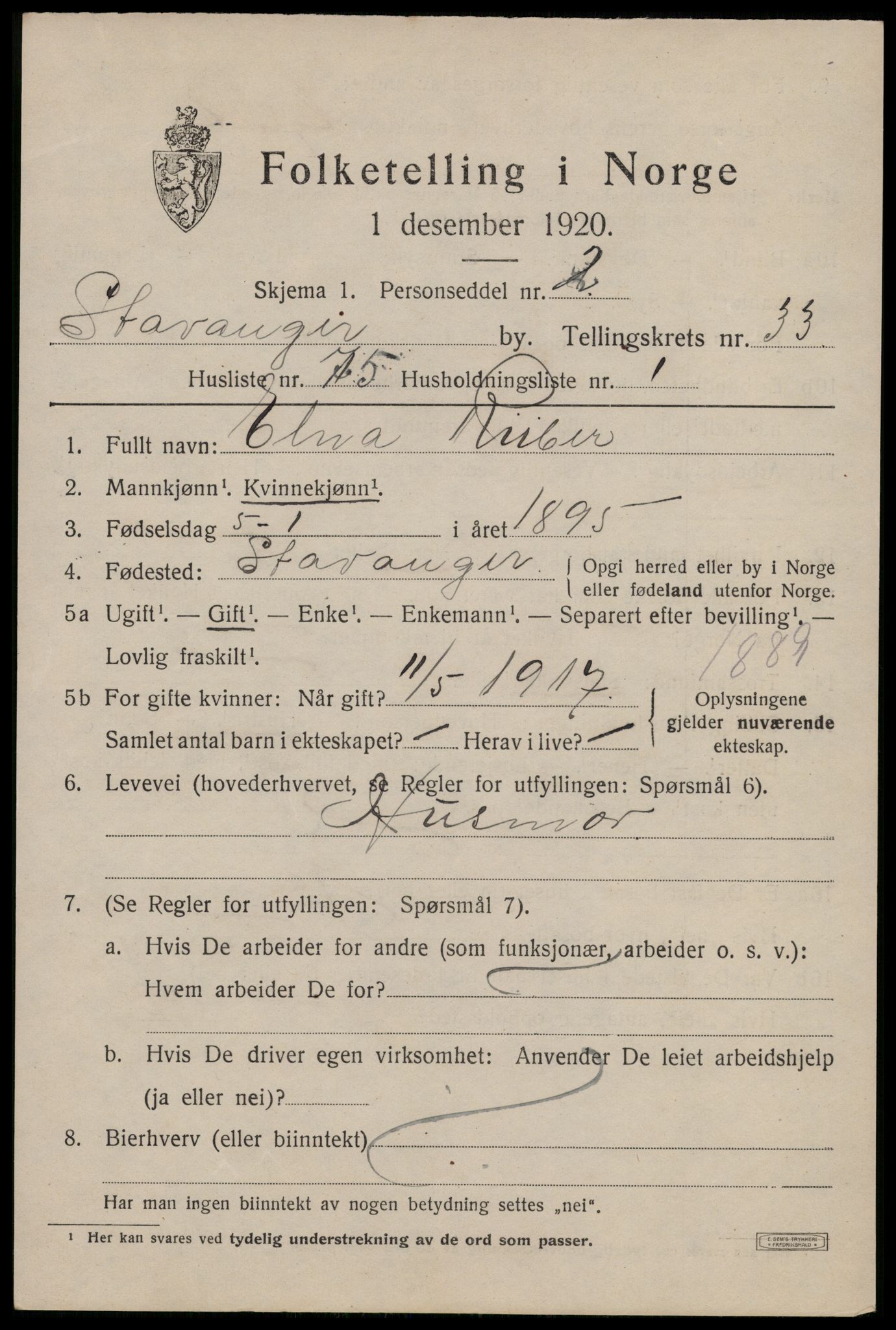 SAST, 1920 census for Stavanger, 1920, p. 91804