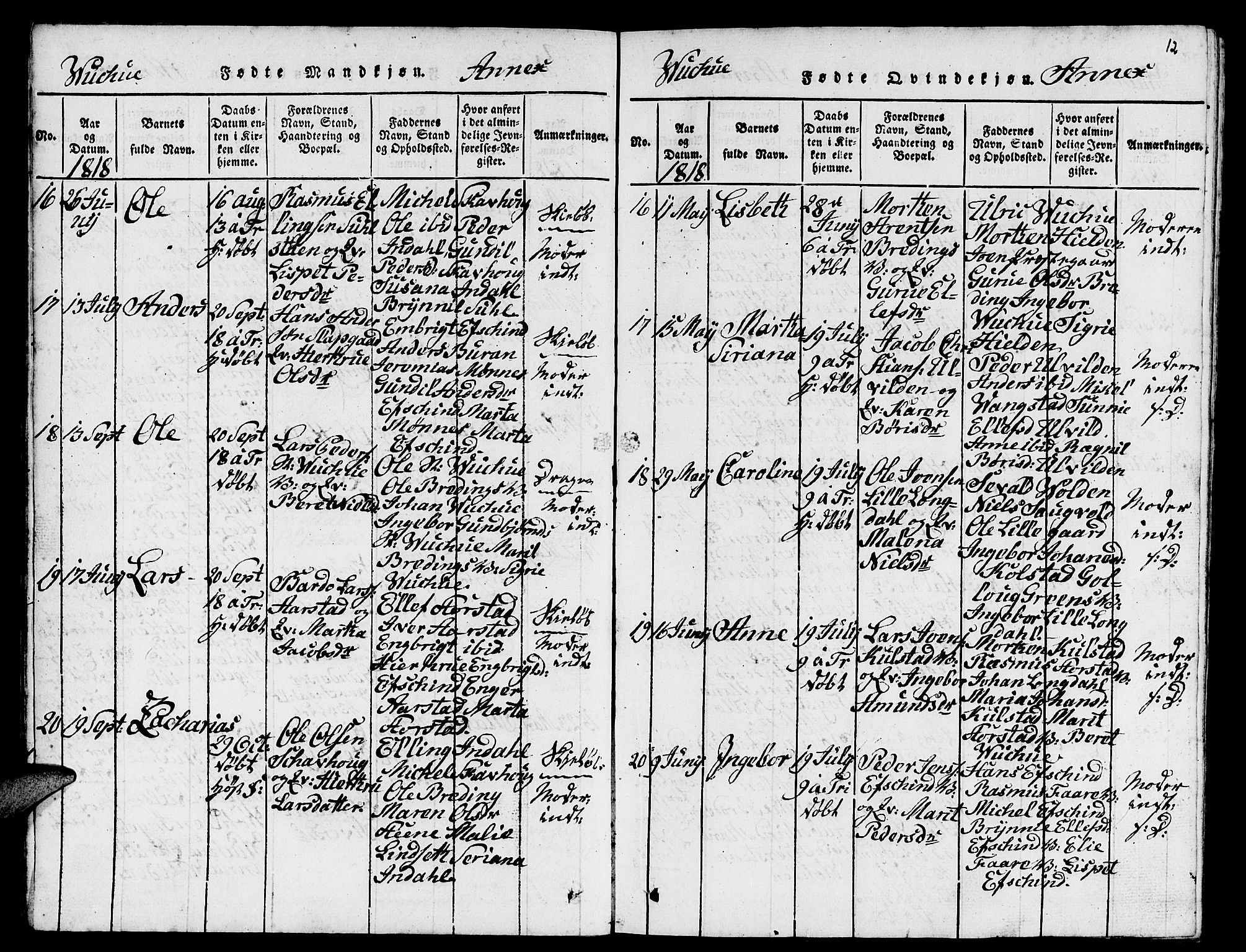 Ministerialprotokoller, klokkerbøker og fødselsregistre - Nord-Trøndelag, AV/SAT-A-1458/724/L0265: Parish register (copy) no. 724C01, 1816-1845, p. 12