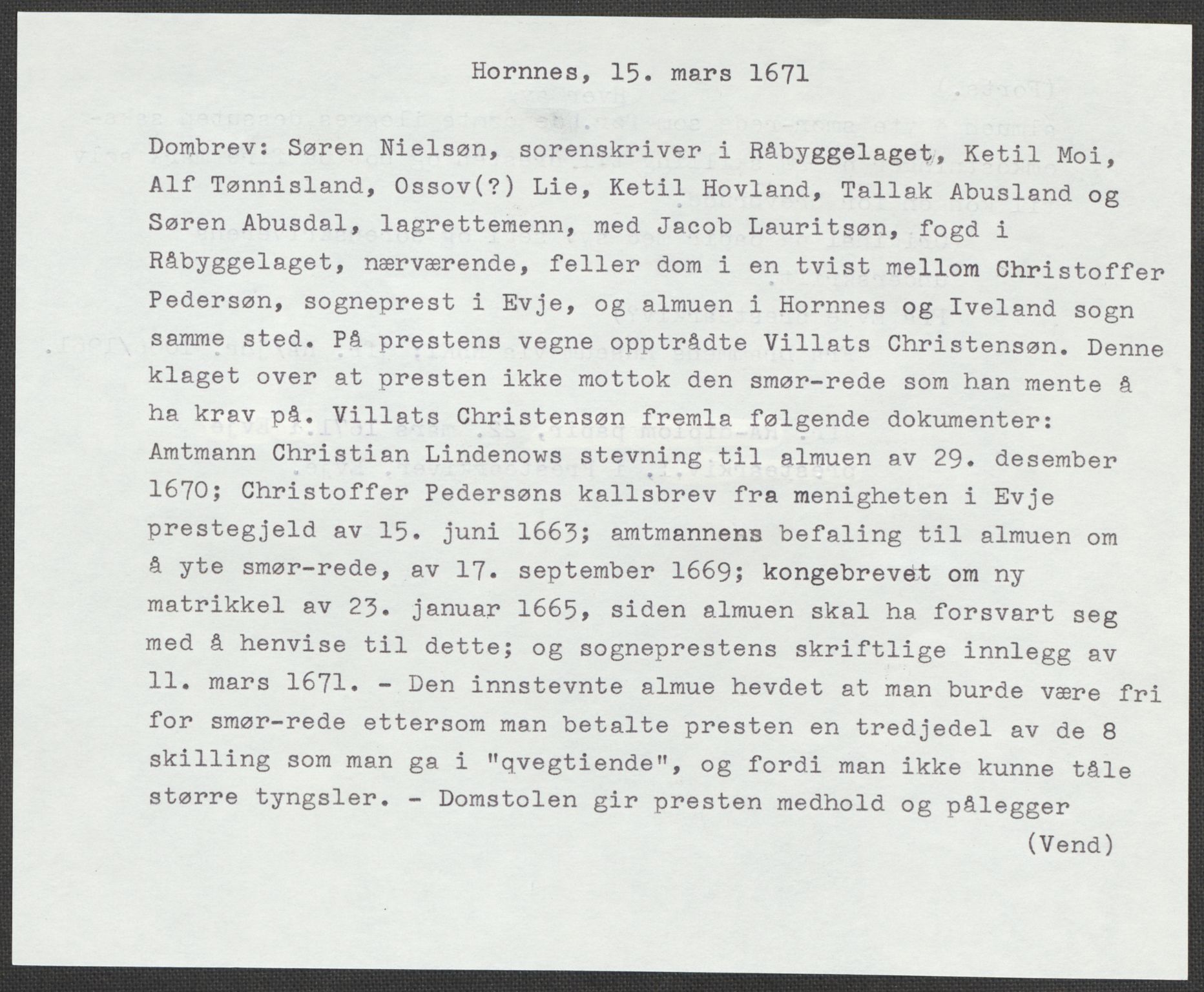 Riksarkivets diplomsamling, RA/EA-5965/F15/L0031: Prestearkiv - Aust-Agder, Vest-Agder og Rogaland, 1575-1768, p. 22